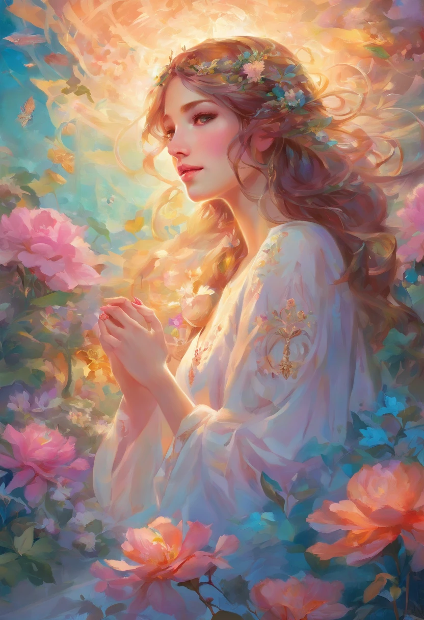 appears to be transcending into divine state. She is surrounded by a serene garden blooming with vibrant flowers, adding a touch of colorful beauty to the scene. Her eyes radiate a mesmerizing depth and detail, capturing the essence of her ethereal presence. Her lips, delicately depicted, exude a gentle aura of tranquility and grace.

The artwork is crafted with meticulous attention to detail, resembling an awe-inspiring oil painting. The strokes and textures create a dreamlike atmosphere, further enhancing the sense of otherworldliness. The usage of high resolution, with a focus on realism and photorealism, showcases the artist's dedication to producing a masterpiece of the highest quality.

The overall color palette exudes a celestial aura, with soft hues of blues, pinks, and purples dominating the composition. The gentle lighting, reminiscent of studio lighting, casts a soft glow on the angelic figure, creating a sense of warmth and serenity. The bokeh effect delicately captures the sparkle and shimmer of divine energy surrounding her, adding a touch of magic to the scene.

This artwork combines elements of fantasy and spirituality, drawing inspiration from the concept of reincarnation and the transcendence of the human spirit. The portrayal of the girl in casual clothing adds a sense of relatability and human connection, juxtaposed against the ethereal elements present in the scene. The composition offers viewers a glimpse into the beauty and wonder of the spiritual realm, inviting them to contemplate the mysteries of life and beyond.