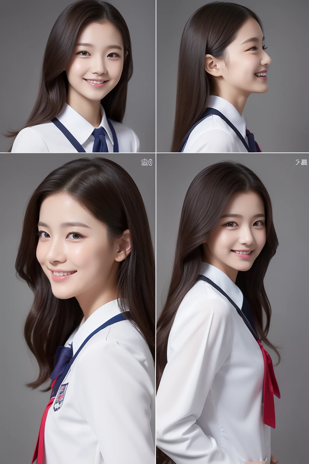 (top-quality、8K、32K、masterpiece)prety woman、in school uniform、schools、1The picture is the back view、2Profile、3Front view、4Smile