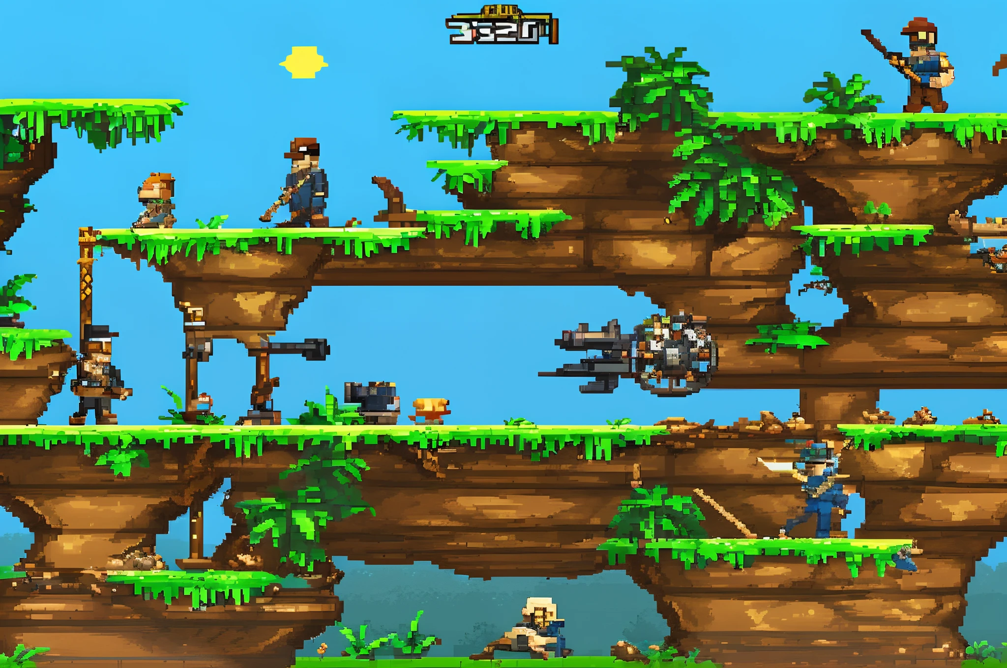 a pixel game with a man standing with a gun on a cliff, 2d platform game, side scrolling 2d platform game, 2d platform game, platform game, tileset, 2d side scrolling game, platform game , side scrolling game, video game background, platform, 2 d game assets, 2 d game, game screenshot
