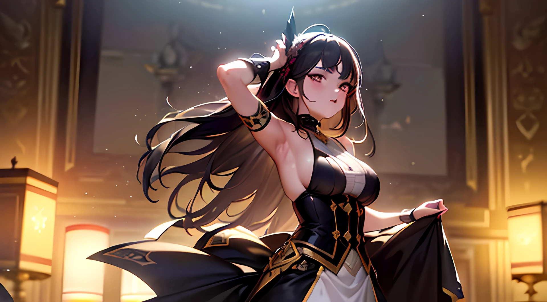 (best quality), ((ishtar)) ,1girl,solo, standing, hand on hip, single thighhigh with golden crural ring, black hairband with golden edge like a crown,,white bra, black knickers,black twintails,red eyes,glittering, triangle underwear, black underwear,