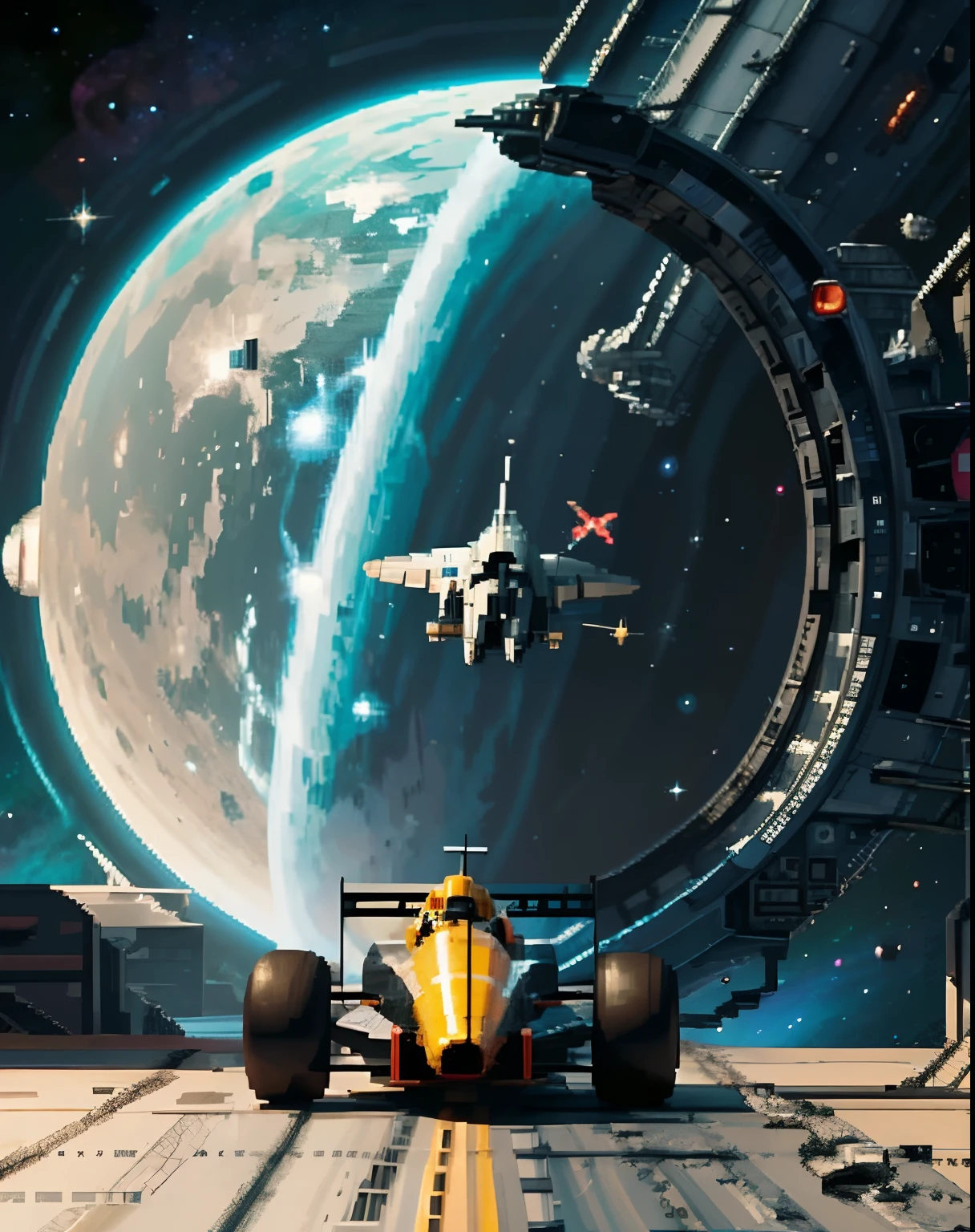 pixel art, 8 bit, 100 pixel illustration, game design, game background, intricate, ((space ships racing game)), from behind, futuristic, f-zero racing, wide angle lens, speed effect, masterpiece, best quality