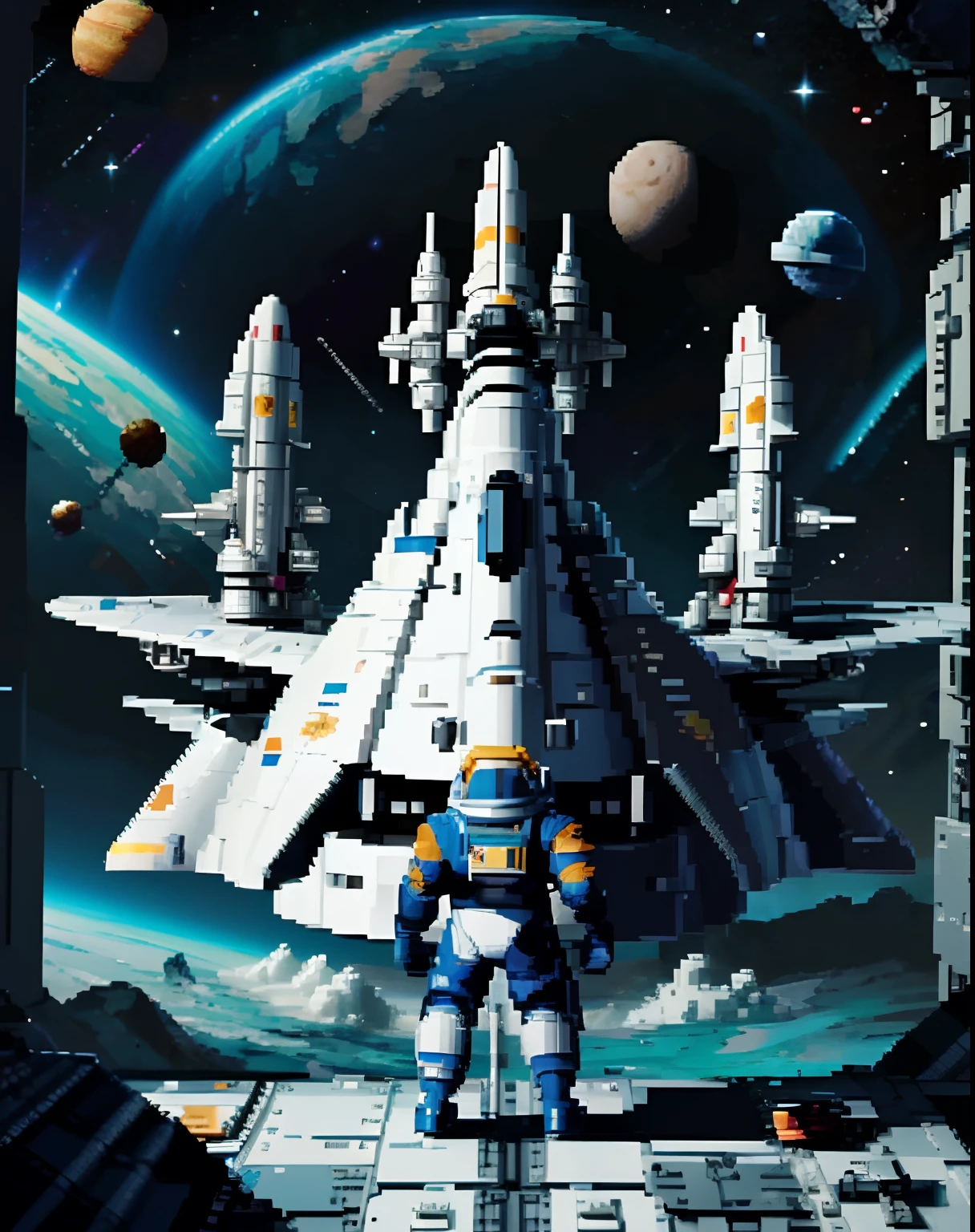pixel art, 8 bit, 100 pixel illustration, game design, game background, intricate, star fox, ((space ships game)), from behind, futuristic, space ships fighting, mini portrait of the character in the corner, wide angle lens, speed effect, masterpiece, best quality