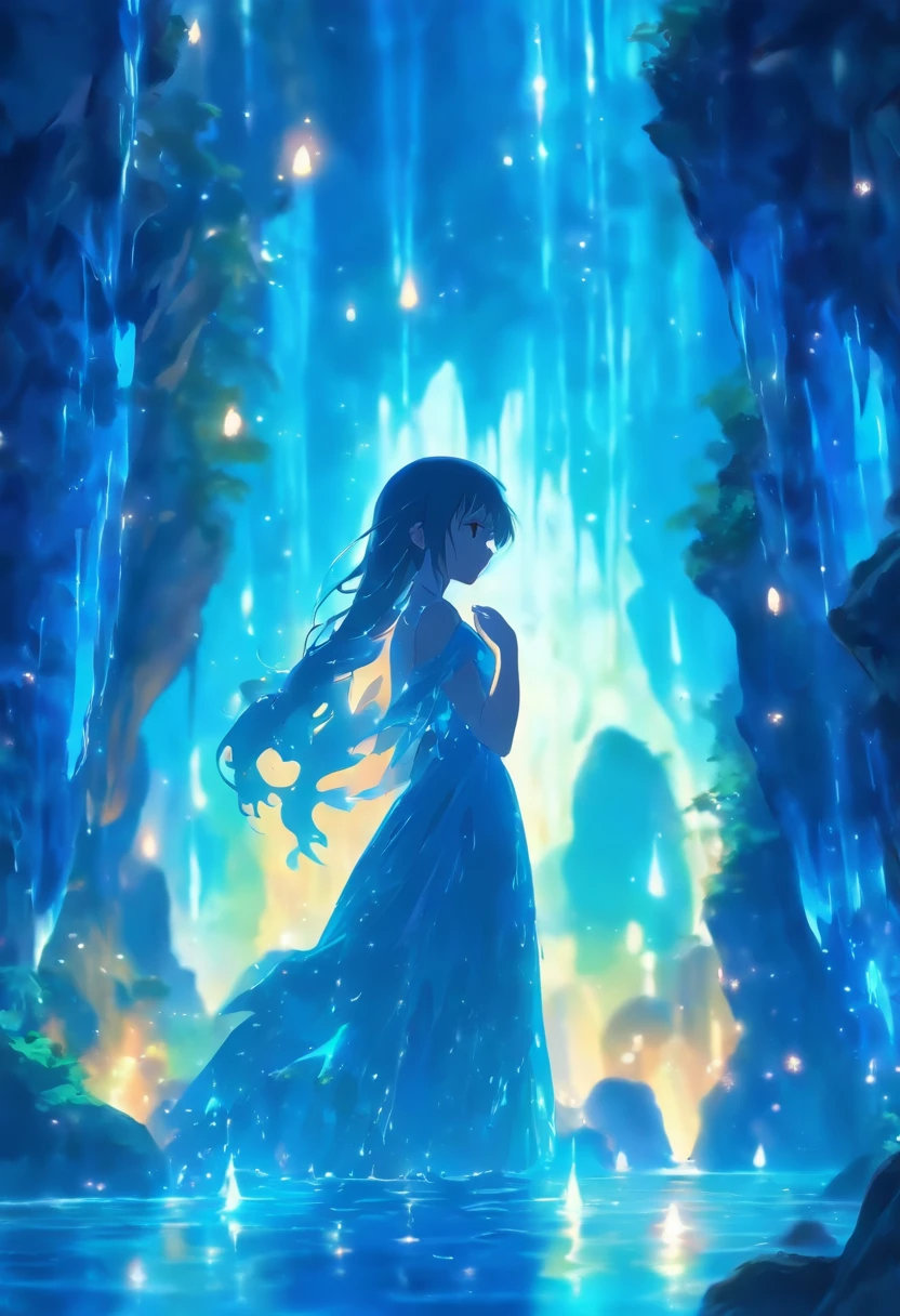 Top quality, super detailed, masterpiece, top quality, 8K, A young girl stands in the center of a cave glowing with a deep blue color. She is mesmerized by the beauty of the cave and looks graceful. The walls of the cave are illuminated blue by the water flowing from the fantastic fountain, and the surface of the water reflects the glow of the fountain. The drops of water dripping from the fountain are like countless twinkling stars, enveloping the entire cave in a magical glow. The girl gently picks up the clear, jewel-like droplets of water with her hand, which shines beautifully in the water. In the background are the blue luminescent walls of the cave, creating a fantastical cave interior with great depth. Beautifully depict this passionate and fantastic moment.