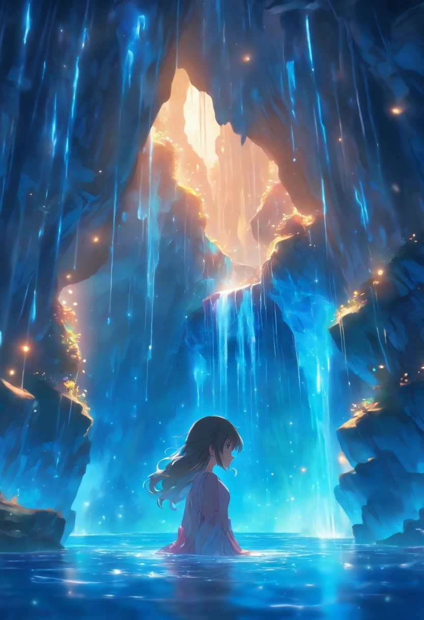 Top quality, super detailed, masterpiece, top quality, 8K, A young girl stands in the center of a cave glowing with a deep blue color. She is mesmerized by the beauty of the cave and looks graceful. The walls of the cave are illuminated blue by the water flowing from the fantastic fountain, and the surface of the water reflects the glow of the fountain. The drops of water dripping from the fountain are like countless twinkling stars, enveloping the entire cave in a magical glow. The girl gently picks up the clear, jewel-like droplets of water with her hand, which shines beautifully in the water. In the background are the blue luminescent walls of the cave, creating a fantastical cave interior with great depth. Beautifully depict this passionate and fantastic moment.