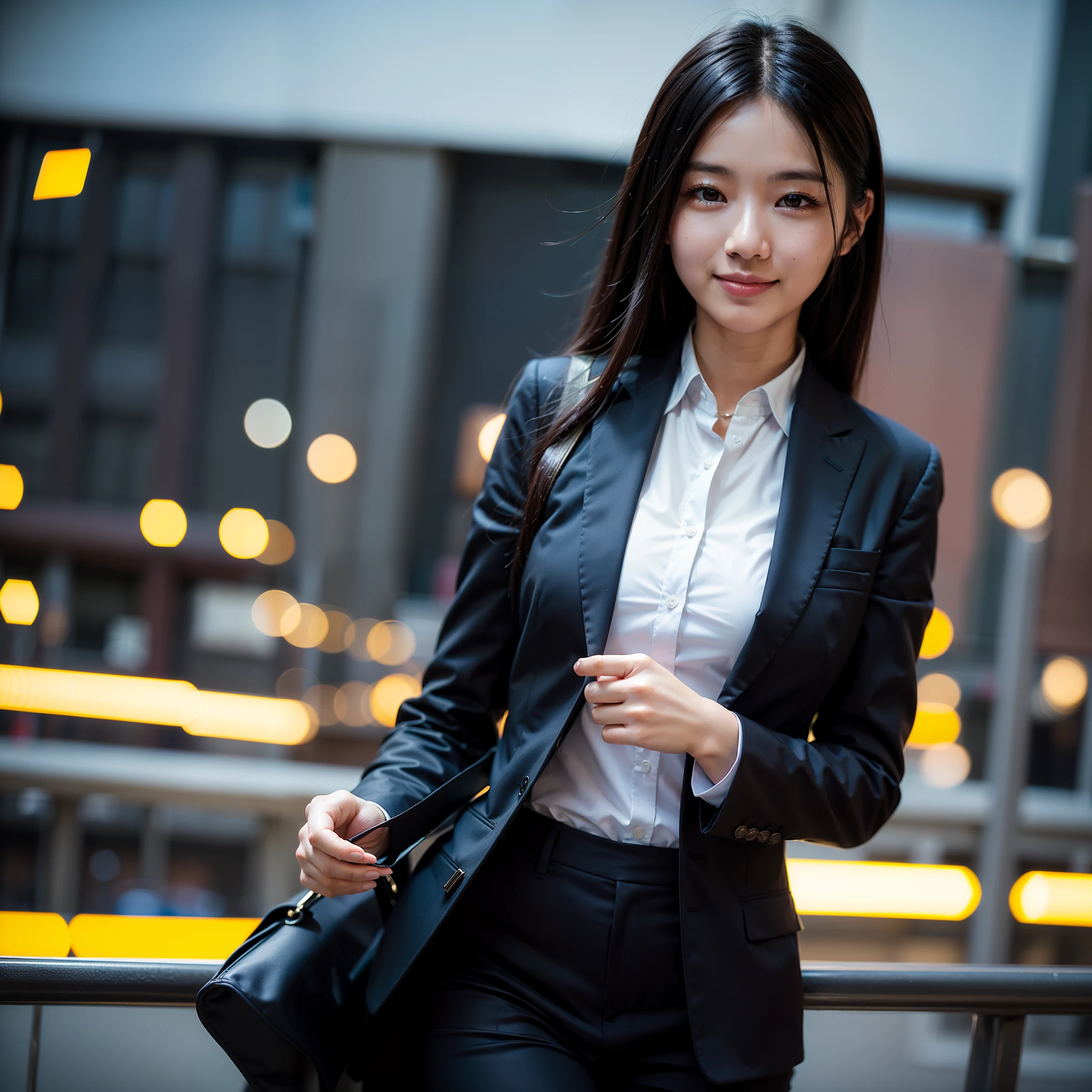 top-quality, masterpiece, (Photorealsitic:1.4), ultra-detailliert, Raw photo, girl with, 独奏, A smile, Dressed in a suit, portlate, a closeup, City Background, softlighting, bokeh dof
