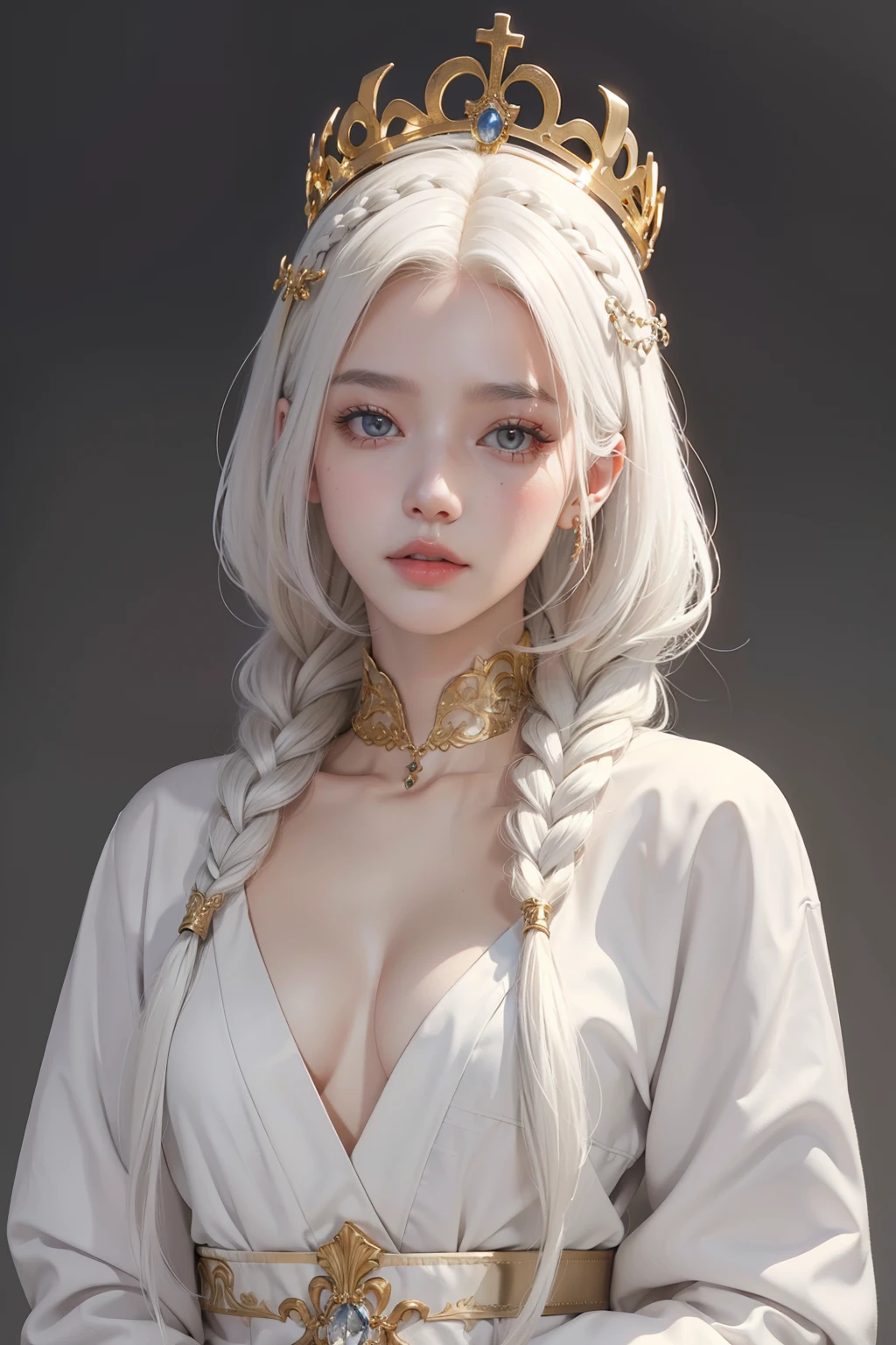 top-quality、​masterpiece、white  hair、Gold Eye、white  clothes、look up to、The upper part of the body、Hair strands、light skinned、Side braid、Papal crown、are visible、Beautiful 、Beautiful areola、Smaller chest、