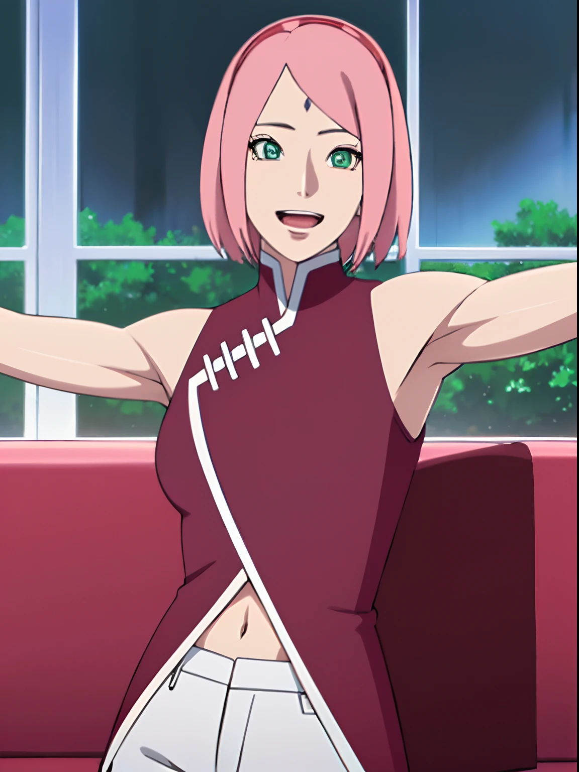 masterpiece, 4k, portrait, cowboy shot, (night), professional artwork, intricate details, colorful, digital blending, (ultra detailed body, ultra detail hair, ultra detail face), trending on pixiv, kind smile, best quality, anime style: 1.9, 1girl, hires, haruno sakura, (forehead mark, milf, red hairband, pale skin, (small breasts), short hair, ((red sleeveless dress,), white pants), (navel, belly button, slender body, slender belly, bracelet, pink hair, (open mouth), big eyes), smile, beach, wind, floating hair, detailed arms, off-shoulders, broad shoulders, (slightly muscular arms, slightly strong biceps), armpit on couch, rips, , fancy couch, relaxing, (hand leaning on couch, laying, talking, looking at the viewer, showing armpit, (talking while showing armpits))