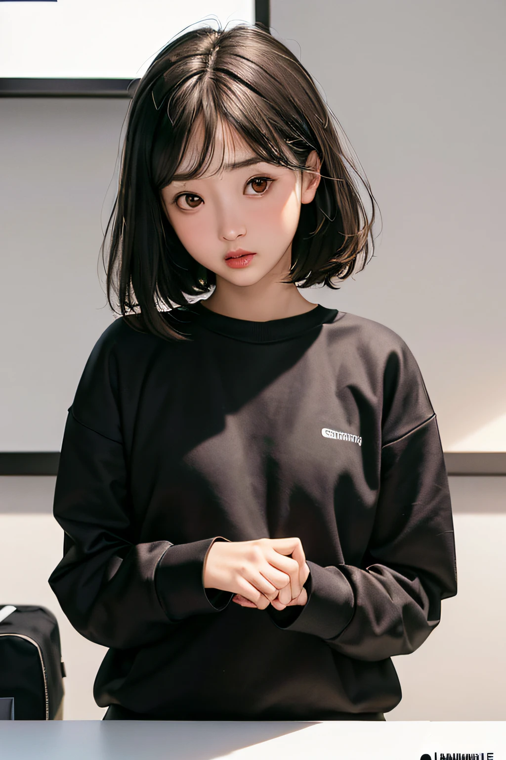 masterpiece,Highest quality,(Darkened photos:1,Realistic,1girl,Flatbang,Wonderful innocent symmetrical face,sweatshirt,Sensitivity,Erchan,(PureErosFace_V1:0.7), 27 years old, office, a desk, computers
