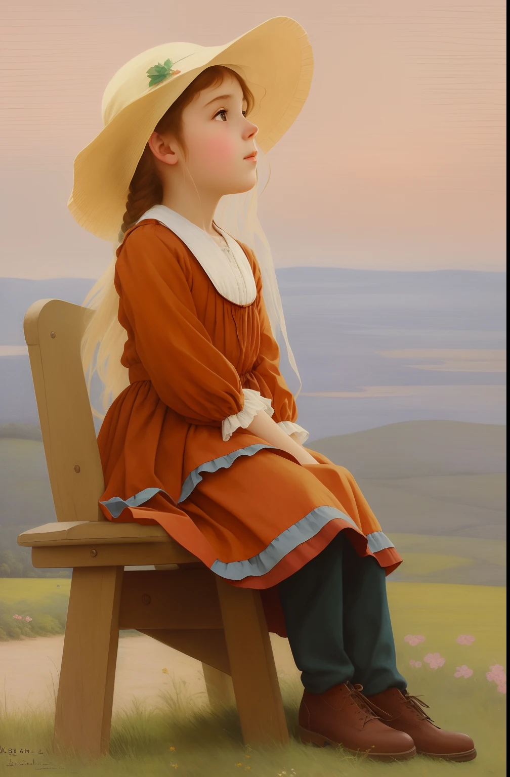 Draw a sitting on a bench in a field, lovely digital painting, inspired by Kate Greenaway, Loli, inspiby Jessie Willcox Smith, Hans Dahl, inspired by Sophie Anderson, inspired by Stevan Dohanos, absolutely outstanding image, inspired by Francesco Hayez, inspired by Frederick Goodall, norman rockwell style, inspired by Jules Breton, Classical oil painting style