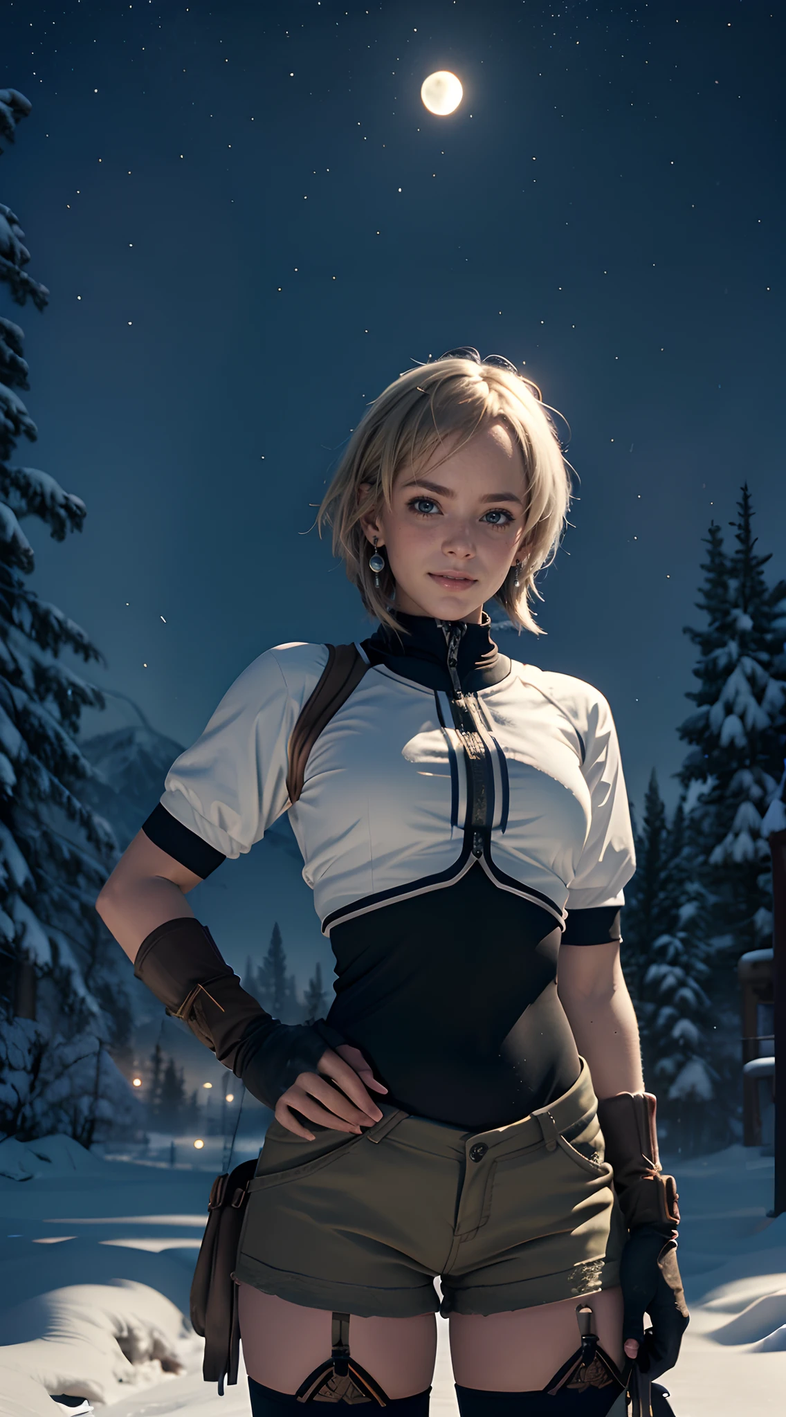 cinematic lighting, best quality, masterpiece, cowboy shot, absurdres BREAK sara, 1girl, solo, blush, shiny skin, light smile, medium breasts, thigh-highs, earring BREAK shorts, sneakers, short sleeves, gloves, leotard, outdoors, snowy field, pine tress, snowstorm, snow, falling snow, aurora, mountainous horizon, full moon