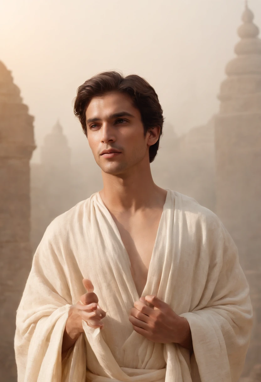 an artistic representation in the style an ancient young male human that depicts innocent looking man, close up of 1 man, attractive, of tunisian descent, guardian of justice, armor bessed by light, vibrant, barbarian standing, a daylight, beautiful face, white sky, (oil painting), wearing white robes, classical art:0.4, detailed, intricate, (fantasy art), muted color:0.25, best quality, good anatomy, good composition, good proportions, good design, dynamic pose, good pose, foggy cloud backgrounds, (cinematic), (highest quality, award winning, masterpiece:1.3), (((natural colors))), (photorealistic:1.4), ((empty hands, holding nothing)), in the style of british artist John Martin