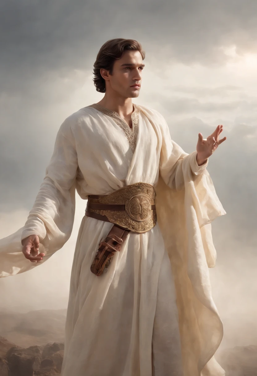 an artistic representation in the style an ancient young male human that depicts innocent looking man, close up of 1 man, attractive, of tunisian descent, guardian of justice, armor bessed by light, vibrant, barbarian standing, a daylight, beautiful face, white sky, (oil painting), wearing white robes, classical art:0.4, detailed, intricate, (fantasy art), muted color:0.25, best quality, good anatomy, good composition, good proportions, good design, dynamic pose, good pose, foggy cloud backgrounds, (cinematic), (highest quality, award winning, masterpiece:1.3), (((natural colors))), (photorealistic:1.4), ((empty hands, holding nothing)), in the style of british artist John Martin