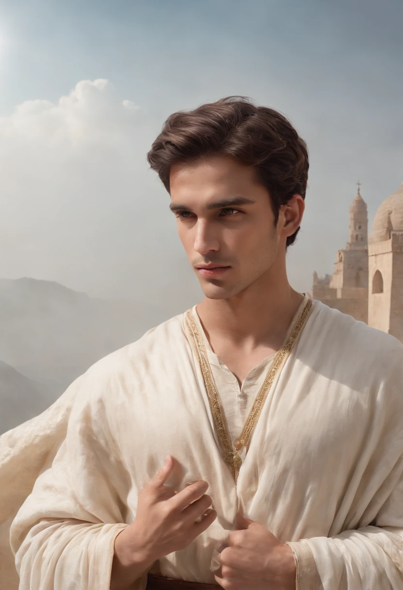 an artistic representation in the style an ancient young male human that depicts innocent looking man, close up of 1 man, attractive, of tunisian descent, guardian of justice, armor bessed by light, vibrant, barbarian standing, a daylight, beautiful face, white sky, (oil painting), wearing white robes, classical art:0.4, detailed, intricate, (fantasy art), muted color:0.25, best quality, good anatomy, good composition, good proportions, good design, dynamic pose, good pose, foggy cloud backgrounds, (cinematic), (highest quality, award winning, masterpiece:1.3), (((natural colors))), (photorealistic:1.4), ((empty hands, holding nothing)), in the style of british artist John Martin