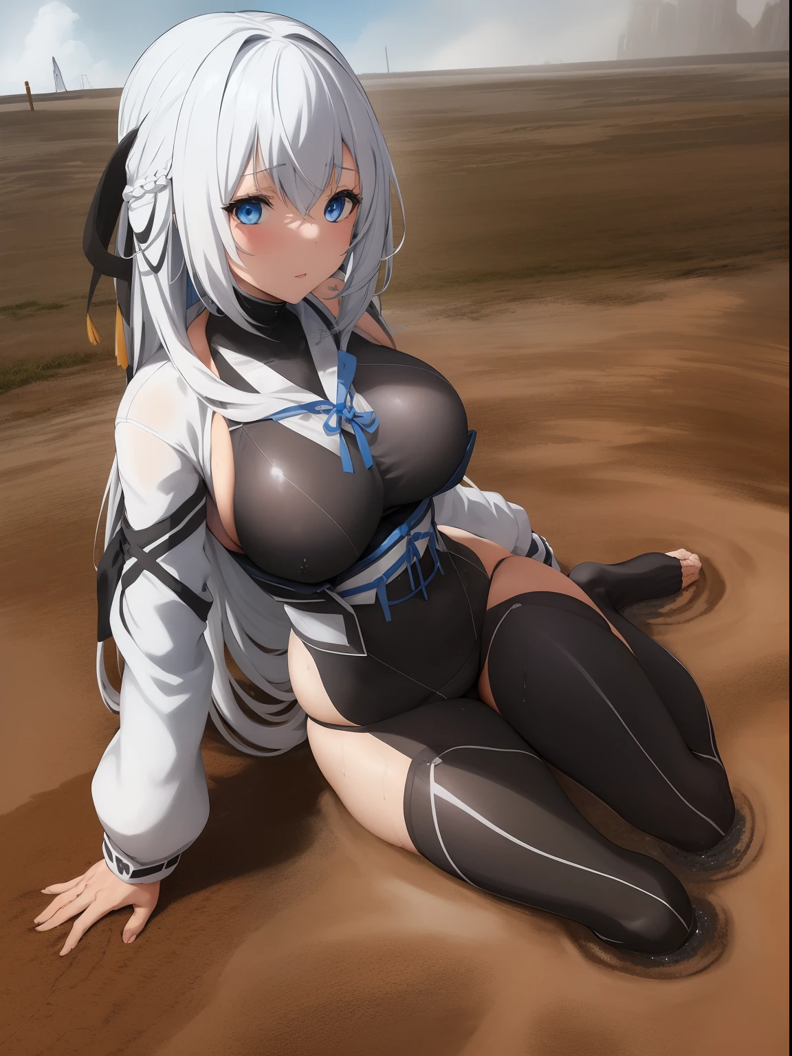 (1girl), (solo), (beautiful detailed girl), Shizuna Rem Misurugi, white hair, long hair, ribbon, blue eyes, medium breasts,
white jacket, black bodysuit, ornate bodysuit, black legwear, toeless legwear, immersed in the muddy ground, thick, opaque mud, marshy terrain, thick fog