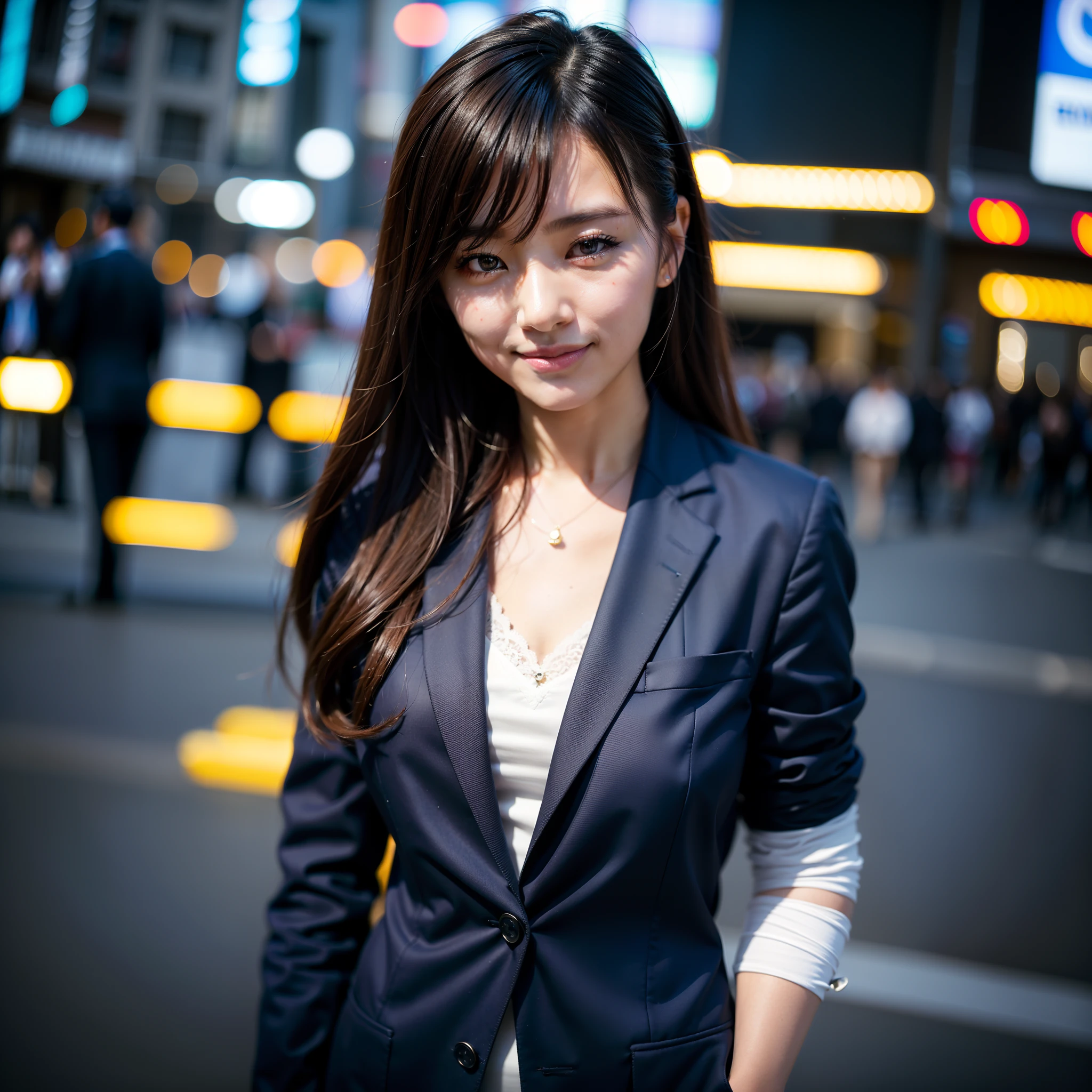 top-quality, masterpiece, (Photorealsitic:1.4), ultra-detailliert, Raw photo, girl with, 独奏, A smile, Dressed in a suit, portlate, a closeup, City Background, softlighting, bokeh dof