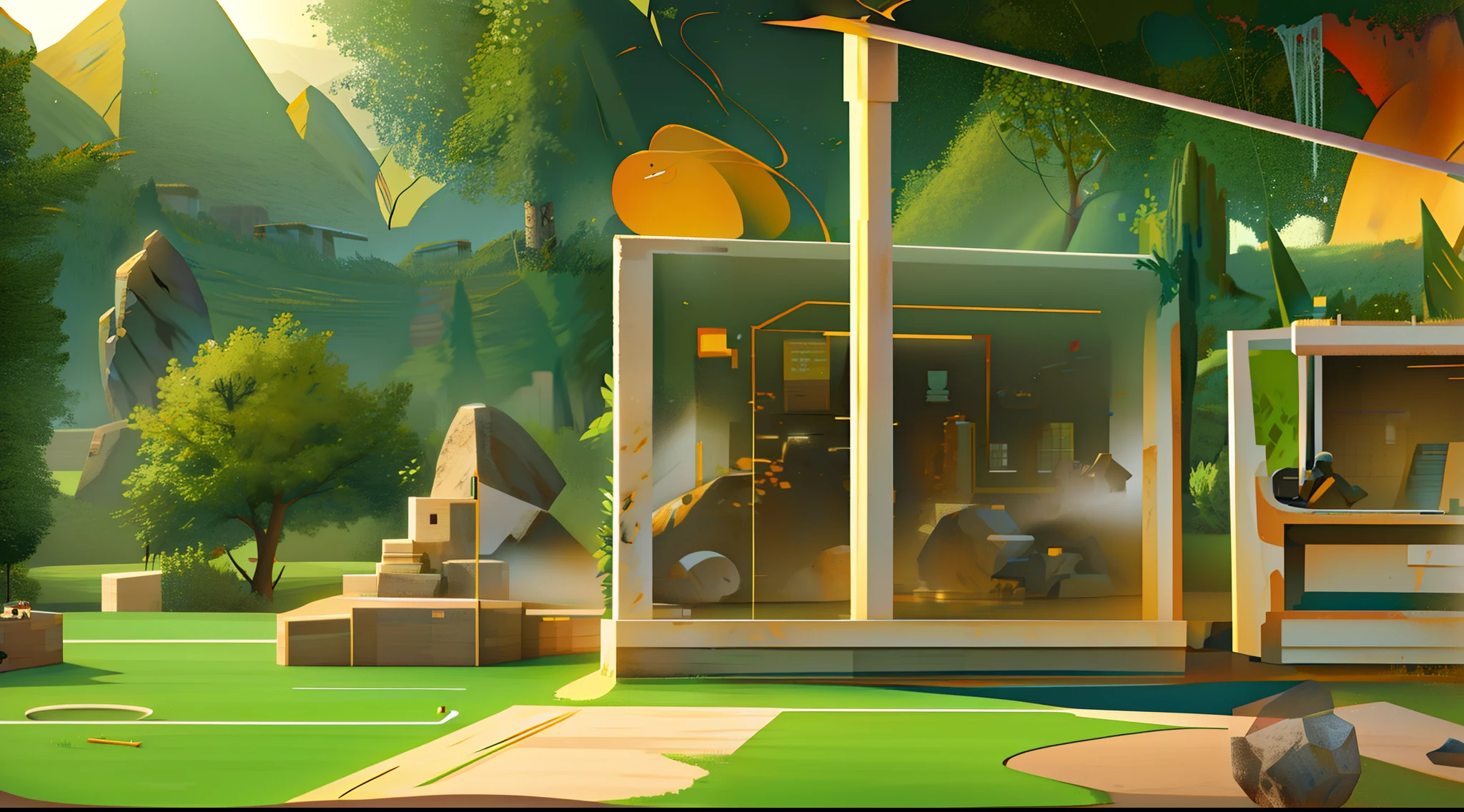 abstract illustration ，game scenes，A battlefield in the primeval jungle