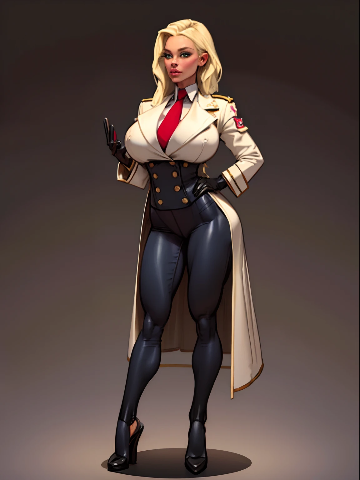 Lonely young adult girl, Tall stature, little chest, closed mouth, Slavic appearance: Green eyes; blond hair; sharp facial features; dimple on the chin; Straight nose; high nose; pronounced high cheekbones; high forehead, stands upright, (gigantic breasts:1.4), detailed face, military uniform:  double-breasted overcoat; pants, Full-length painting, leather gloves