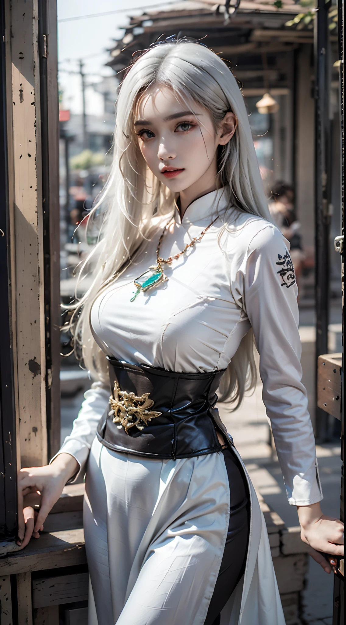 Photorealistic, high resolution, 1 woman, Hips up, Beautiful eyes, Long hair, ringed eyes, jewelry, tattoo, hanoi, electric tram, aodai, white hair