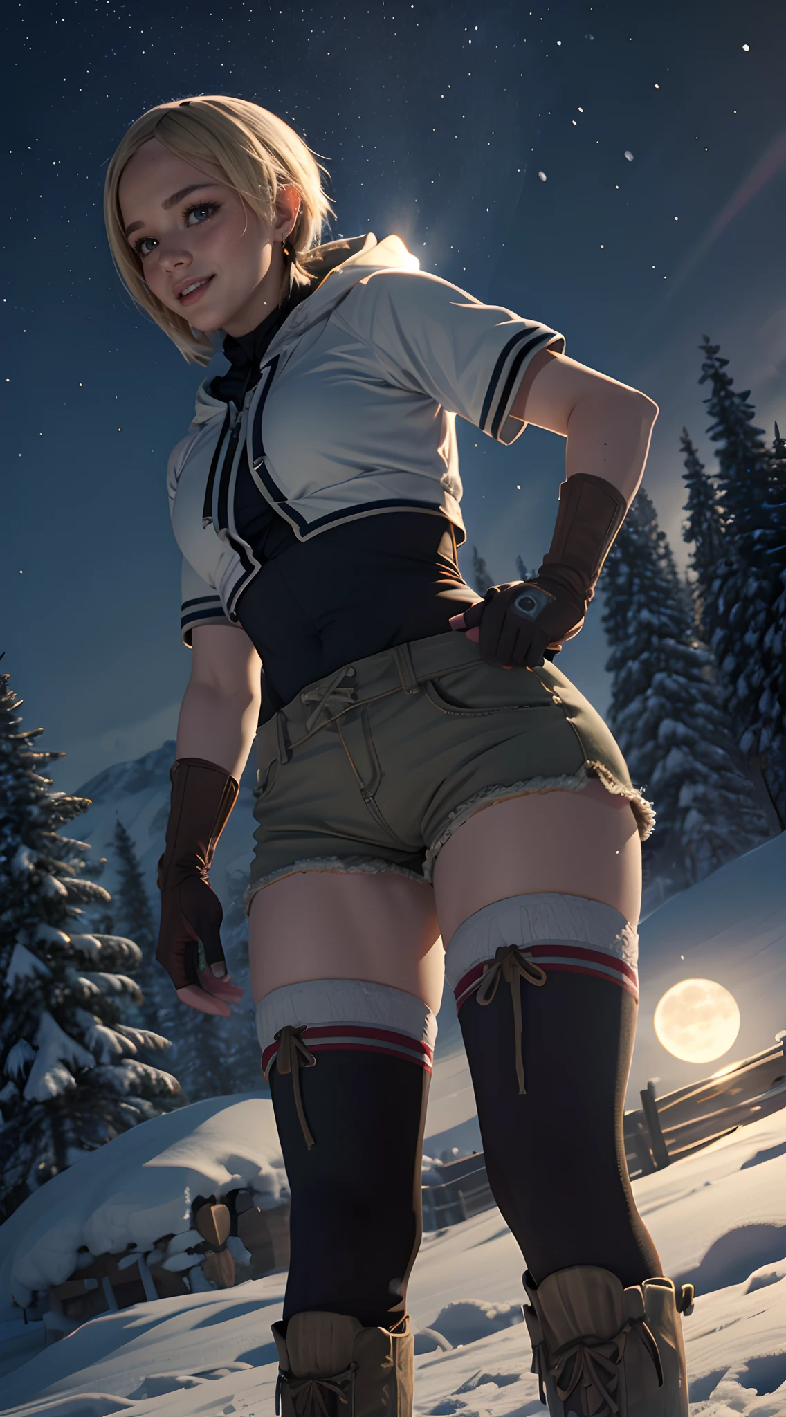 cinematic lighting, best quality, masterpiece, cowboy shot, absurdres BREAK sara, 1girl, solo, blush, shiny skin, light smile, medium breasts, thigh-highs, earring BREAK shorts, sneakers, short sleeves, gloves, leotard, outdoors, snowy field, pine tress, snowstorm, snow, falling snow, aurora, mountainous horizon, full moon