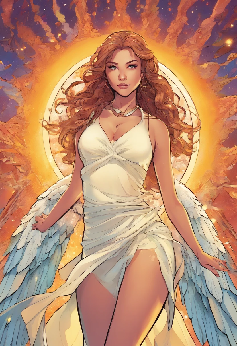 a far away landscape shot of a girl in causal clothing who's been reincarnated in spirit as an angel, a beam of holy godray lights pieces falls gracefully from the heavens to bestow apon her whole being as she glows in the holy light and raises her holy sword with much power and strength