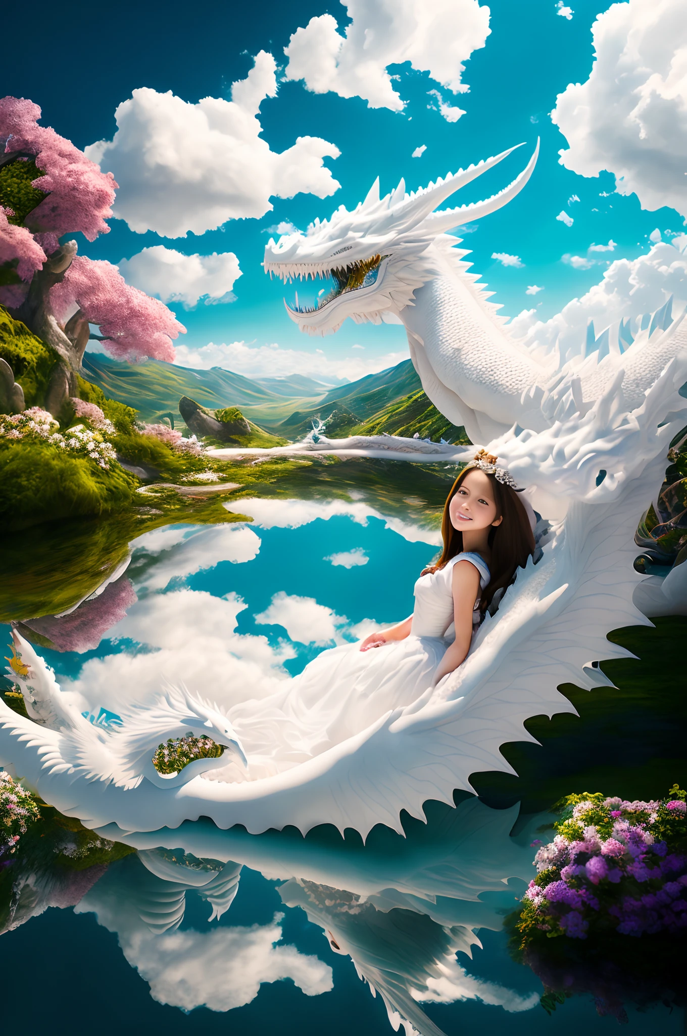 ,the beautiful scene render that a beautiful girl lies in the arms of a huge white dragon in the fairyland surrounded by white clouds, hd, dream, ultra wide angle, hyperrealism, hyper detailed.