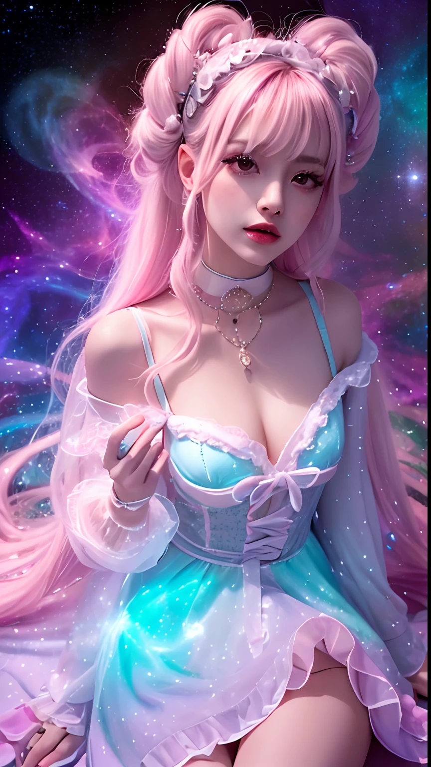 4K Ultra HD, Masterpiece, A girl with a magical aura, Good face, Long hair, shinny hair, Detailed eyes, Glossy lips, Wearing a red Lolita costume, The aura around the body, Magical effect, Spread white light, Cosmic elements and ethereal atmosphere, A mix of bright lights and colorful nebulae, universe background, Sitting, Full body capture.