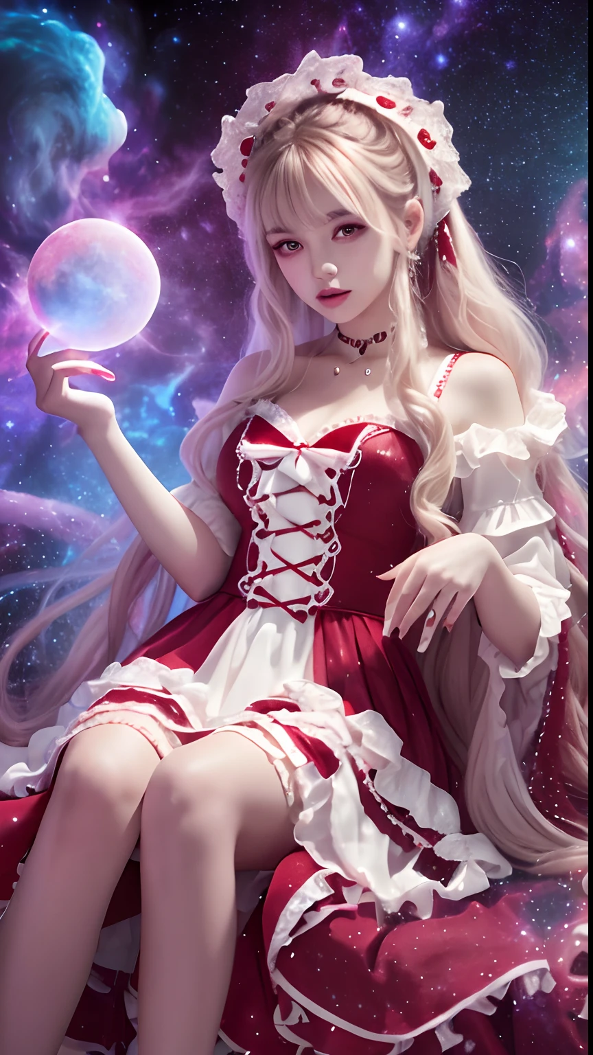 4K Ultra HD, Masterpiece, A girl with a magical aura, Good face, Long hair, shinny hair, Detailed eyes, Glossy lips, Wearing a red Lolita costume, The aura around the body, Magical effect, Spread white light, Cosmic elements and ethereal atmosphere, A mix of bright lights and colorful nebulae, universe background, Sitting, Full body capture.