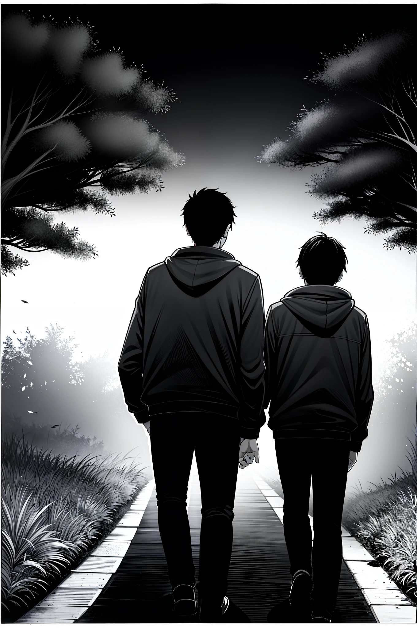 A bit late at night,nigth,Two boys walking down a country road，The road is lined with woods，dim street lights，One person wears a black hoodie，The two of them were whispering,All with their backs to the camera