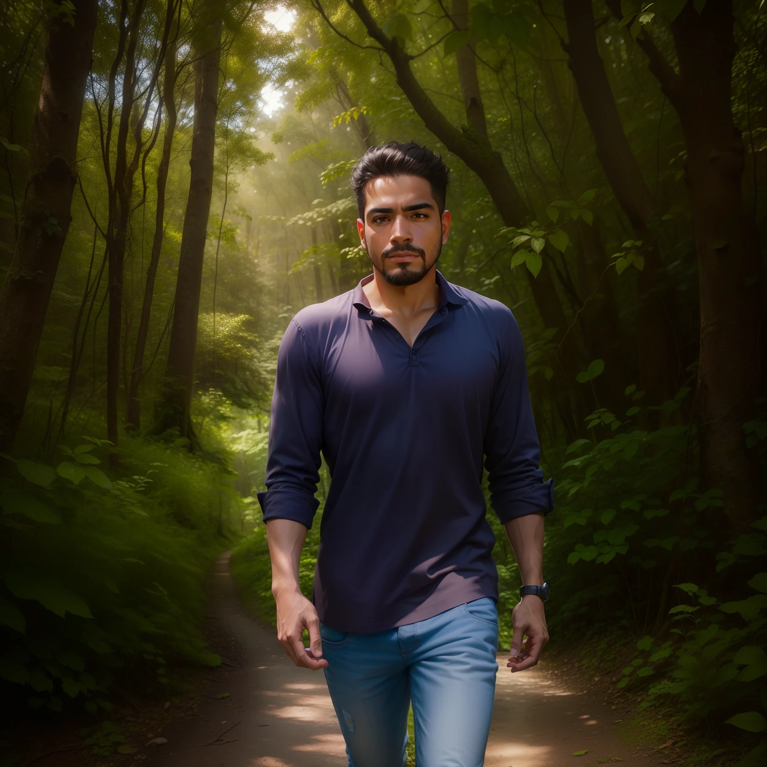 a hispanic, naturally looking to the camara, walking in the forest, soft light, cinematic style, hyper realistic image --auto --s2