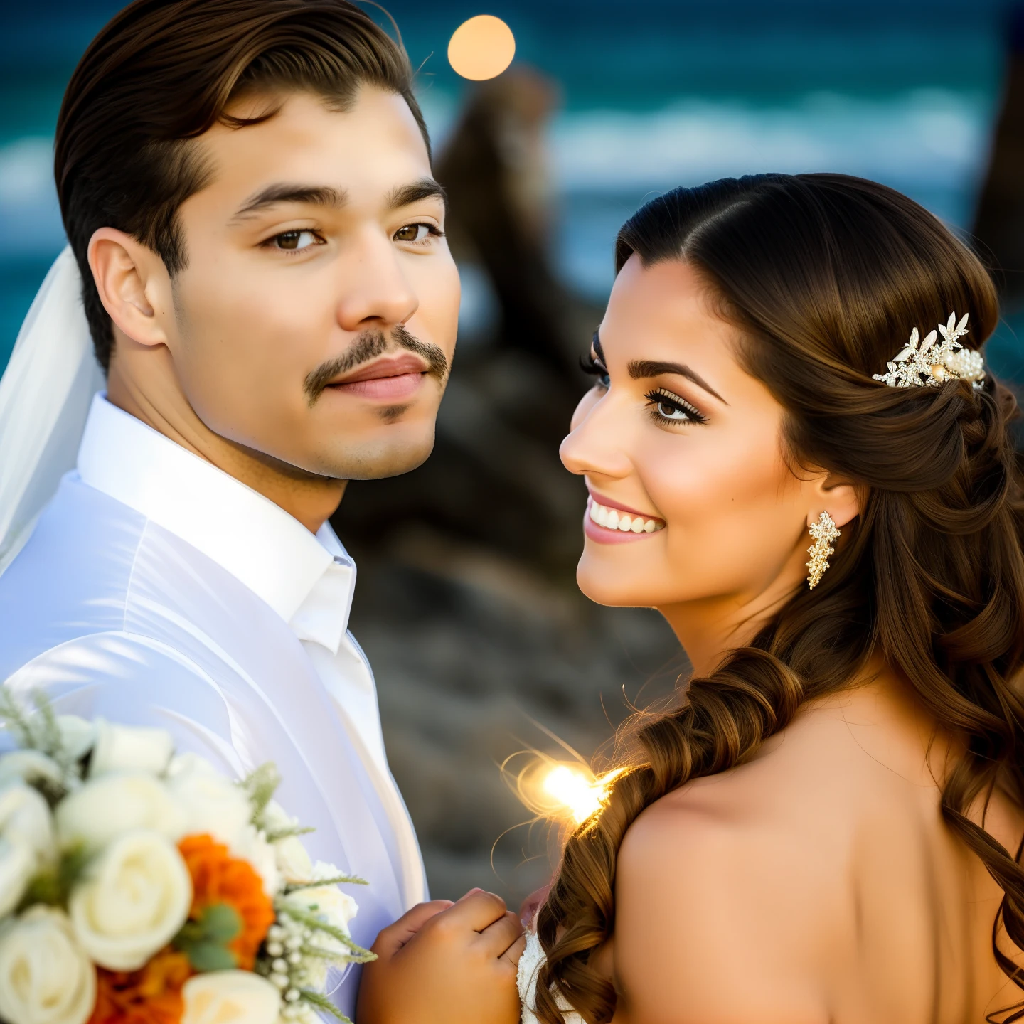 Shine overhead light, shining warm light on happy couples. A gentle breeze blew through their hair as they exchanged vows. The beach is adorned with colorful seashells and soft golden sand, creating a spectacular backdrop for their special moment. The bride's white evening gown is blown in the wind. While the groom's suit compliments the serene atmosphere. They stand in fear of each other. Ready to embark on a journey of love and friendship.