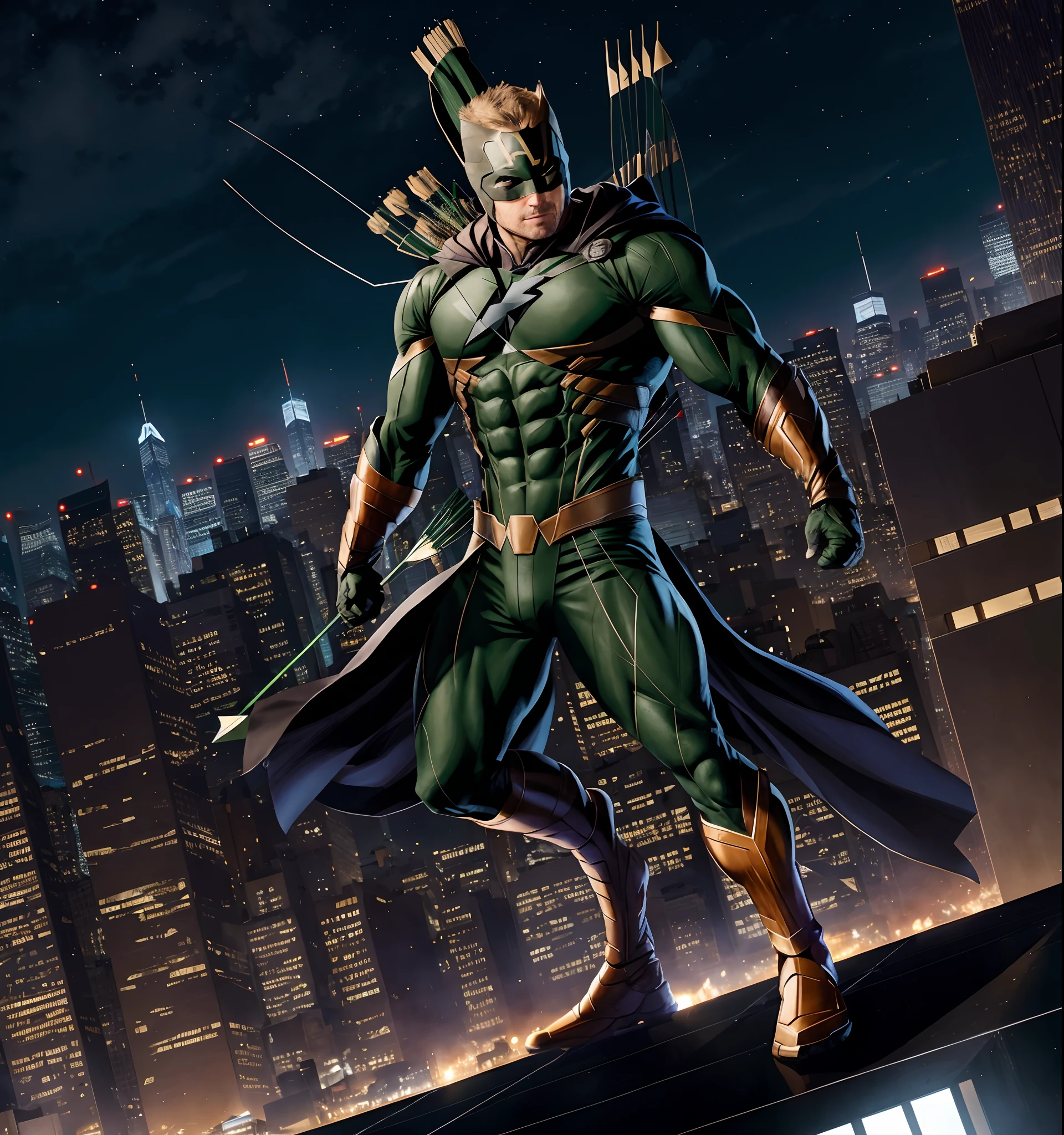 Arrow (DC comics superhero) fighting Hawkeye (Marvel coMics superhero)), on roof top of a skyscraper, a city of skyscraper in background [[depth of field]] [[hyperdetailed city background]], night time, lights in the city, [[hyperdetailed body outlines]] [[hyperdetailed costumes]], loaded bows in hand, quivers, hyperdetailed movie matching costume and faces, electric winds, night sky