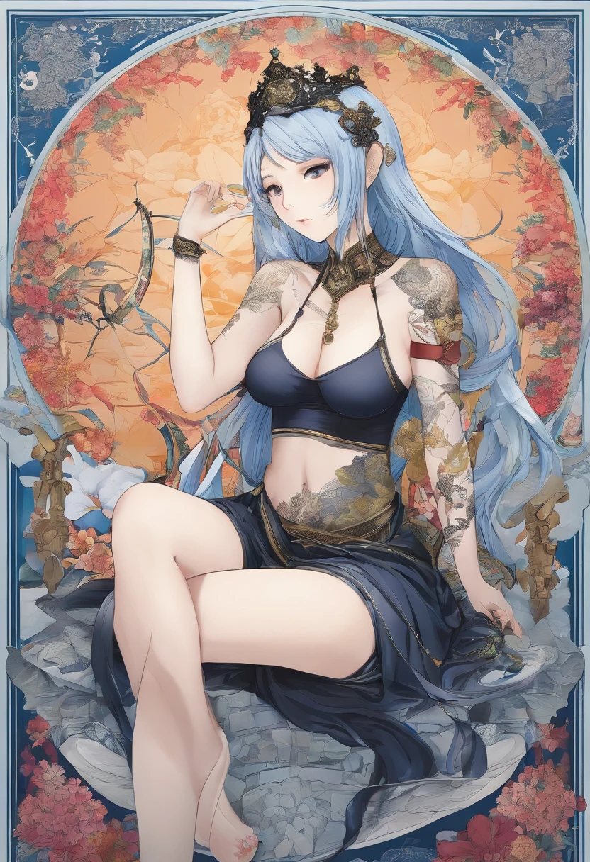 Top Quality, Masterpiece, High Definition, beautiful japanese woman with fingers in left hand on left boob and right hand on right boob sitting in a throne withe legs spread and naked with leather leggings and blue hair with thick thighs and black leggings up to her thighs and a tattoo above her that says bitch, Intricate Details, Cinematic Feel, 8K, Very Detailed, gigantic boobs and large erect nipples, large areola