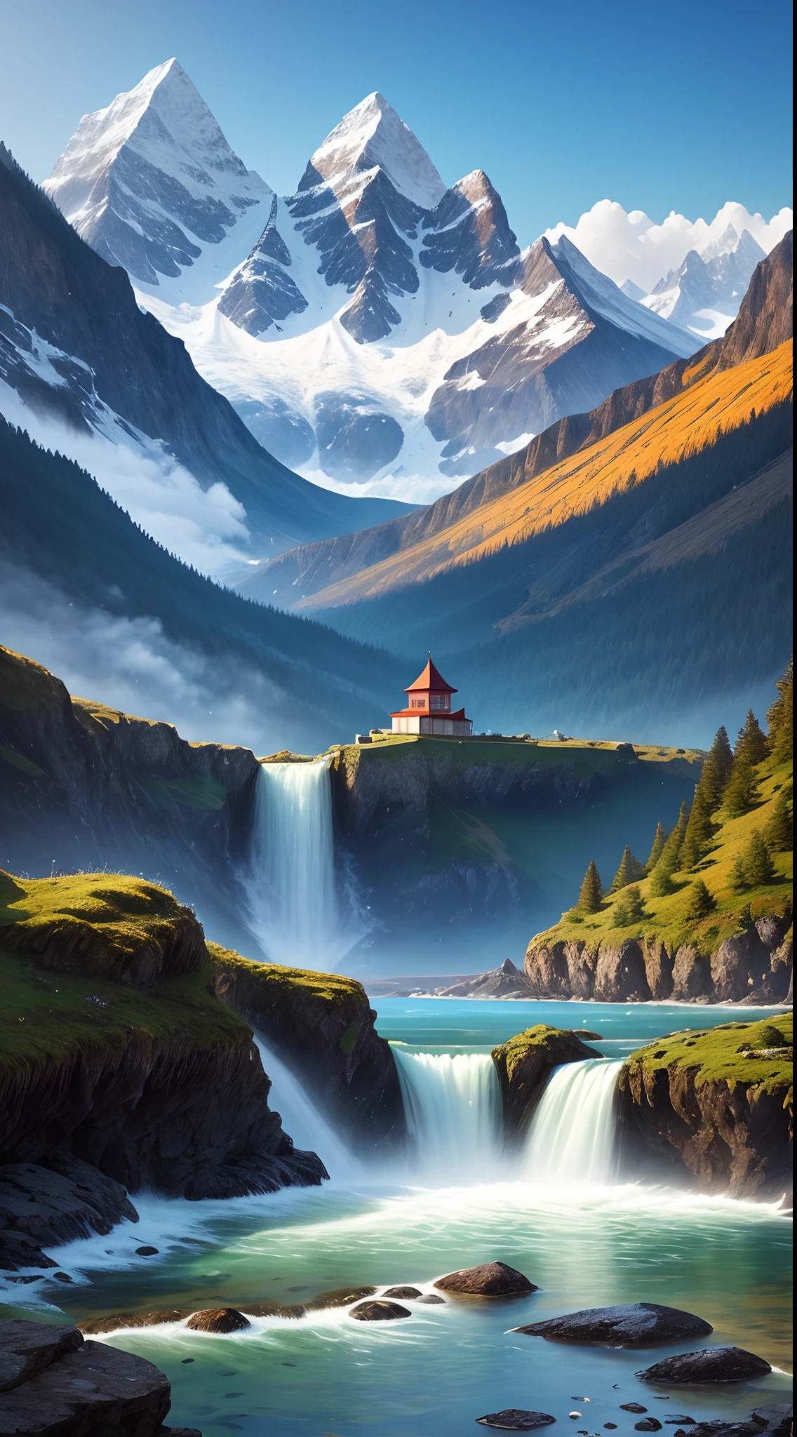 landscape, water, Mountains, most beautiful artwork in the world, Professional photography, Intricate, High detail, Sharp focus, Dramatic
