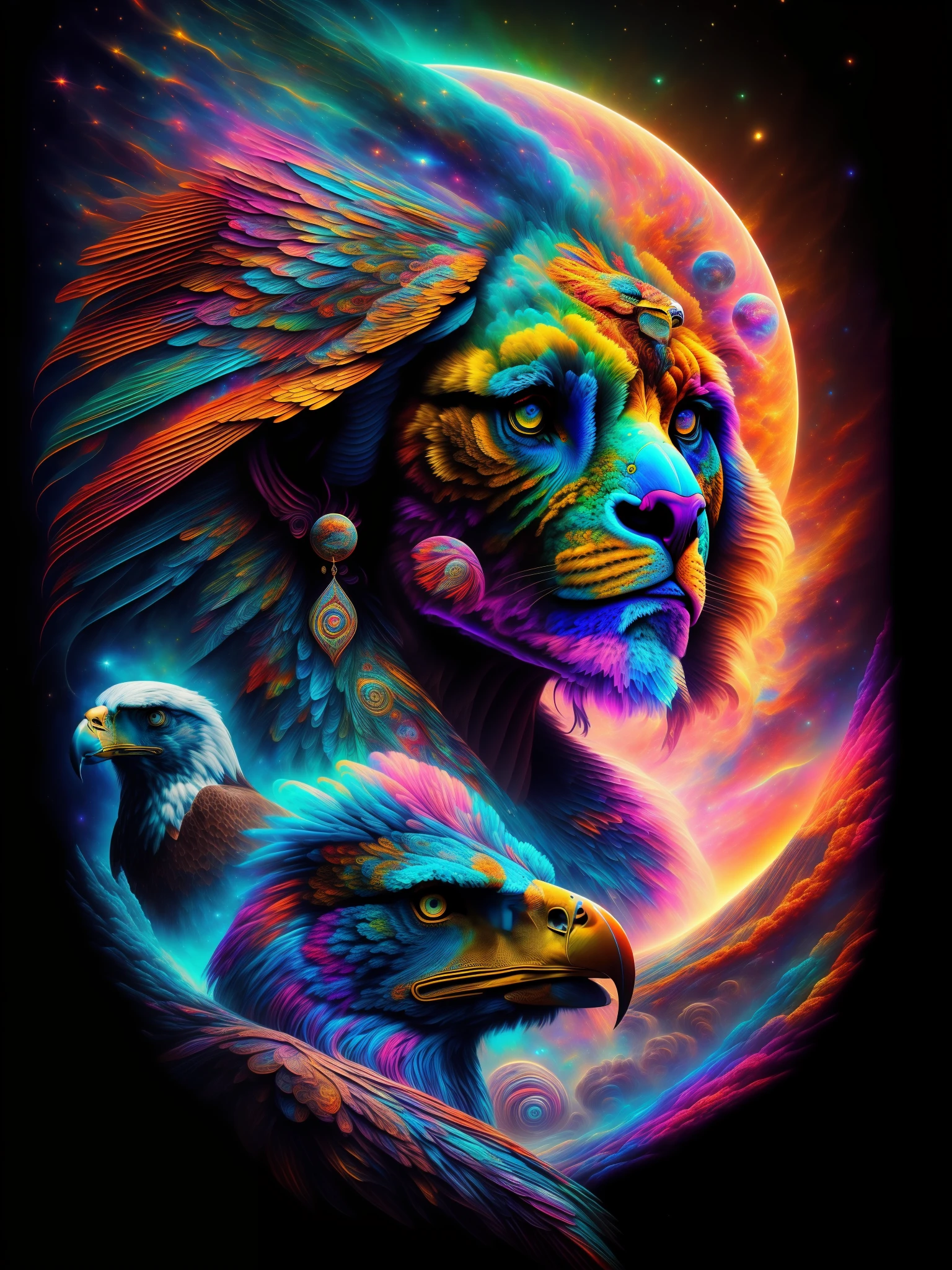 ((Best Quality, 8k, Masterpiece :1.3)) The combination of an eagle and a lion, saturated colors, psychedelic image, LSD, mandala, fractral, costume, art similar to Alex Grey's art, lots of color saturation, woman, vortex, ultra realistic, planet earth, galaxy, with lots of lighting, shading and contrast