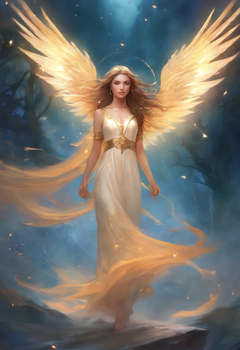 a far away landscape shot of a girl in causal clothing who's been reincarnated in spirit as an angel, a beam of holy godray lights pieces falls gracefully from the heavens to bestow apon her whole being as she glows in the holy light and raises her holy sword with much power and strength