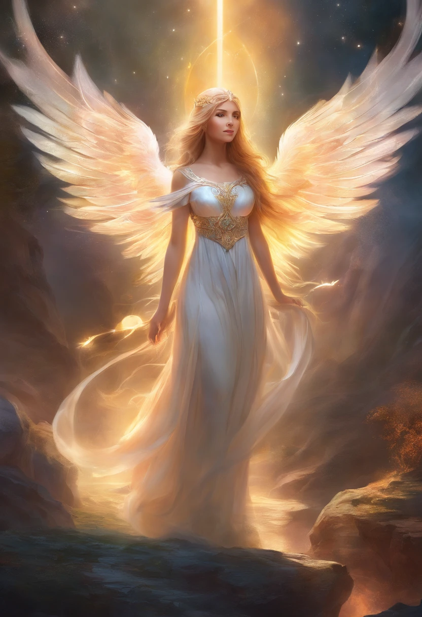 a far away landscape shot of a girl in causal clothing who's been reincarnated in spirit as an angel, a beam of holy godray lights pieces falls gracefully from the heavens to bestow apon her whole being as she glows in the holy light and raises her holy sword with much power and strength