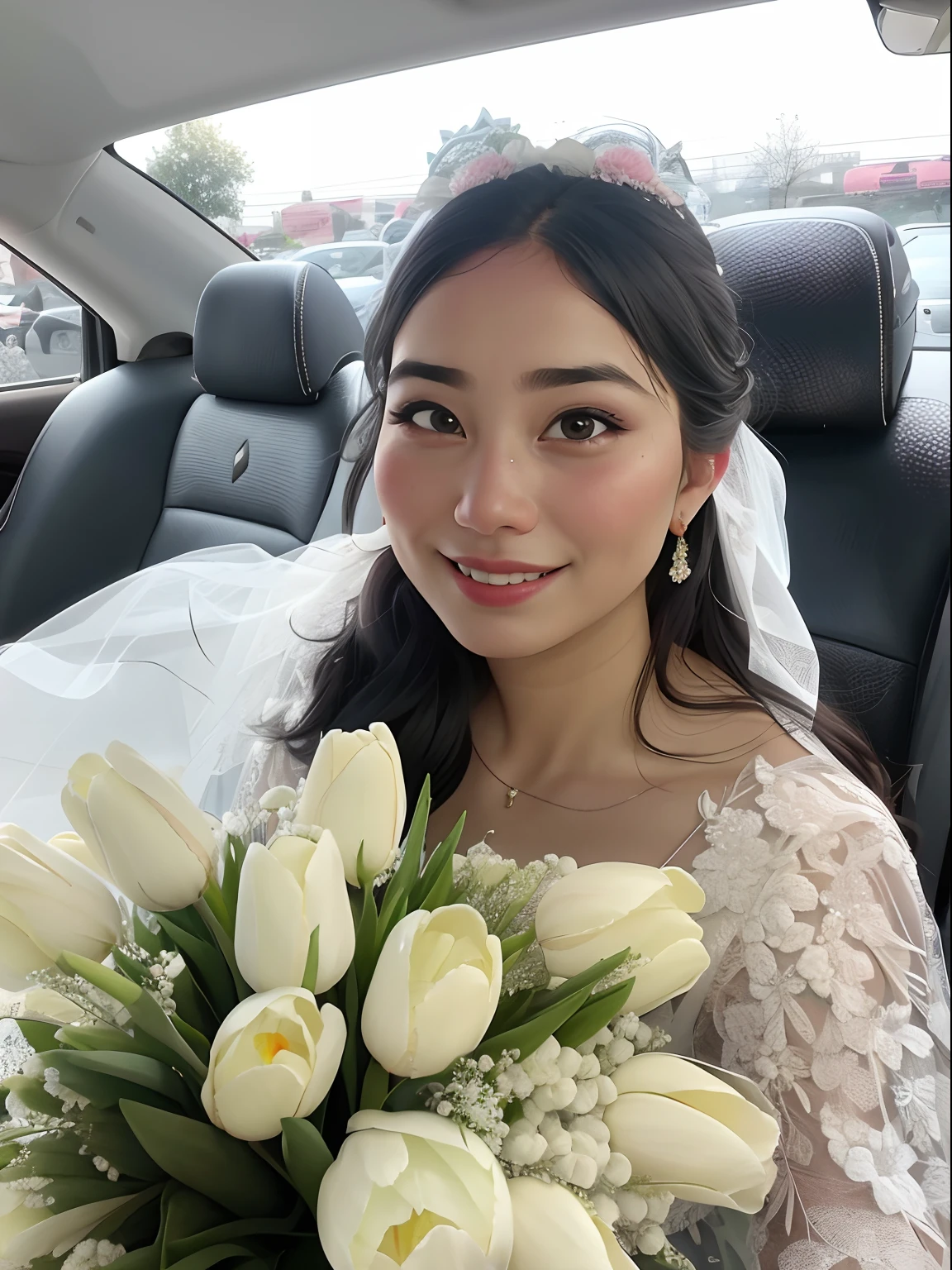 bride in a car with a bouquet of tulips and a veil, bride, 2 9 years old, 🤬 🤮 💕 🎀, 2 7 years old, 2 8 years old, cindy avelino, 3 2 years old, wedding, 3 5 years old, 35 years old, with flowers, 3 6 years old, 38 years old