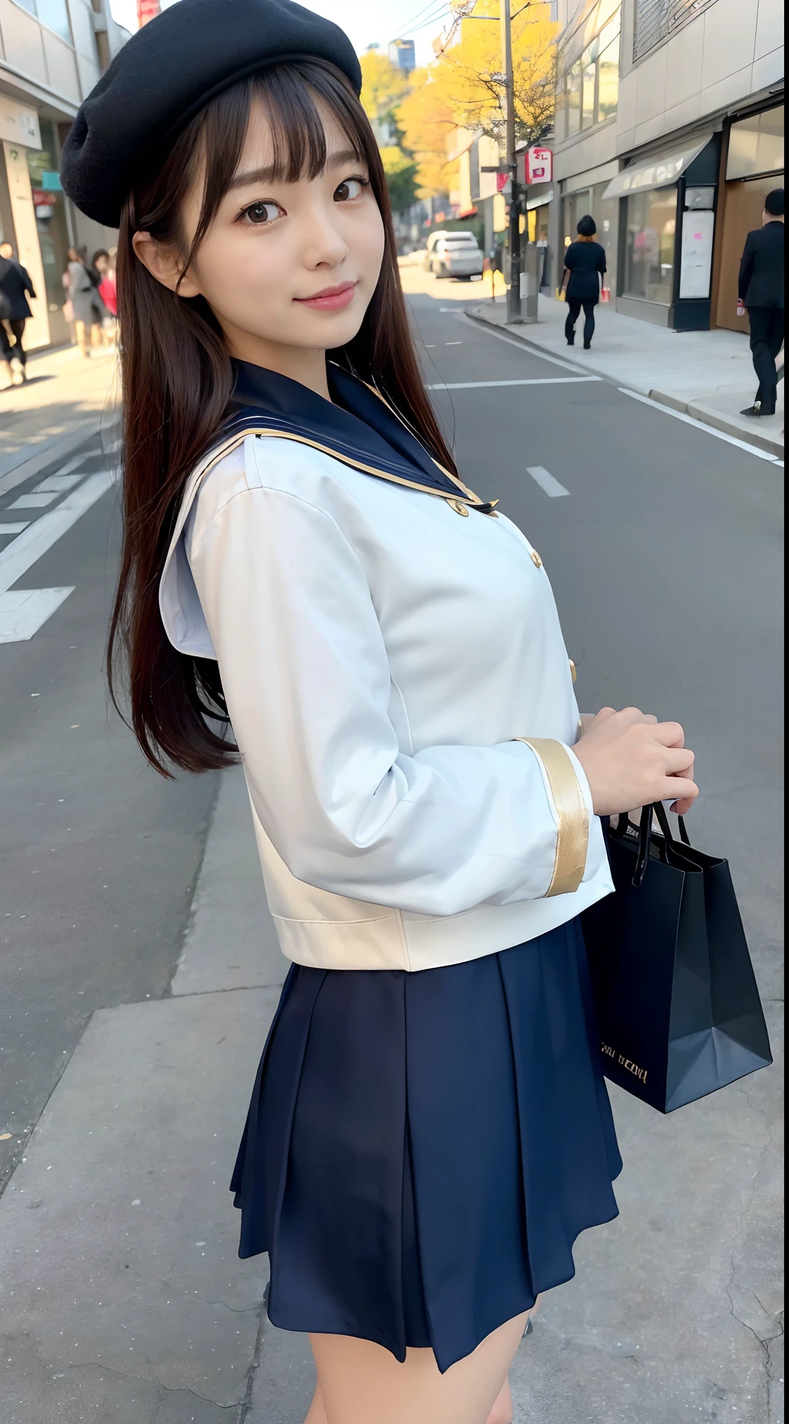mix4, (16 K, Raw photography, Top image quality, masterpiece: 1.45), (realisitic, Photorealsitic: 1.37), one girls, 7.5, etc,cute little, A city scape,, profetional lighting, photon maping, Downtown Shibuya, physically-based renderingt, Gradient black hair,, a handsome, Well-groomed and beautiful eyes、二重まぶた、girl with, (((student clothes、Sailor suit worn by Japan schoolgirl、The collar has two lines、scarf、Dark blue mini skirt、Navy Blue Beret、Dark blue high socks))), Top Quality Photos, hight resolution, 1080p, (clearface), (Detailed face description), (Detailed hand description), (masterpiece), (Exquisite CG)、extreme light and shadows、dishevled hair、master work、abundant detail、(Fine facial features)、(top quality photo)、(masuter piece)、(A detailed eye)、Look in front of you、Fine clavicle、((Slender big))、(((a sailor suit)))、((Sexy Idol System))、((Gingko tree-lined shopping street))、(Shooting from random perspectives)、(((Anyway cute)))、耳Nipple Ring、A big smile、Drawing the whole body from the knees、Do not draw nasolabial folds、(((Carry a leather student bag)))、Big breasts that hang down big、Big buttocks with tension、Two legs、(((from the front side:1.1)))、bare hand、