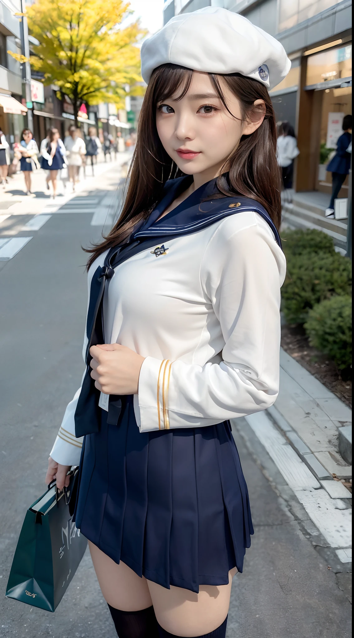 mix4, (16 K, Raw photography, Top image quality, masterpiece: 1.45), (realisitic, Photorealsitic: 1.37), one girls, 7.5, etc,cute little, A city scape,, profetional lighting, photon maping, Downtown Shibuya, physically-based renderingt, Gradient black hair,, a handsome, Well-groomed and beautiful eyes、二重まぶた、girl with, (((student clothes、Sailor suit worn by Japan schoolgirl、The collar has two lines、scarf、Dark blue mini skirt、Navy Blue Beret、Dark blue high socks))), Top Quality Photos, hight resolution, 1080p, (clearface), (Detailed face description), (Detailed hand description), (masterpiece), (Exquisite CG)、extreme light and shadows、dishevled hair、master work、abundant detail、(Fine facial features)、(top quality photo)、(masuter piece)、(A detailed eye)、Look in front of you、Fine clavicle、((Slender big))、(((a sailor suit)))、((Sexy Idol System))、((Gingko tree-lined shopping street))、(Shooting from random perspectives)、(((Anyway cute)))、耳Nipple Ring、A big smile、Drawing the whole body from the knees、Do not draw nasolabial folds、(((Carry a leather student bag)))、Big breasts that hang down big、Big buttocks with tension、Two legs、(((from the front side:1.1)))、bare hand、