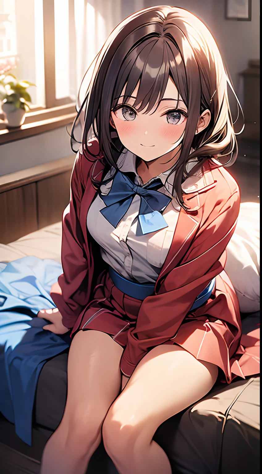 (Masterpiece: 1.1), (Best Quality, Ultra Resolution: 1.0), (8K Resolution: 1.2), (Photorealistic, Ultra Detail, Clear Focus 1:0), (Original Photo, Lighting: 1:1), BREAK detailed reflecting eyes by professional digital painting, beautiful pretty cute small face, (1girl:1.3), BREAK 17 age, school uniform, (blue bowtie, blue sash:1.3), BREAK (red bolero jacket, red skirt:1.1), BREAK White blouses, long sleeves,