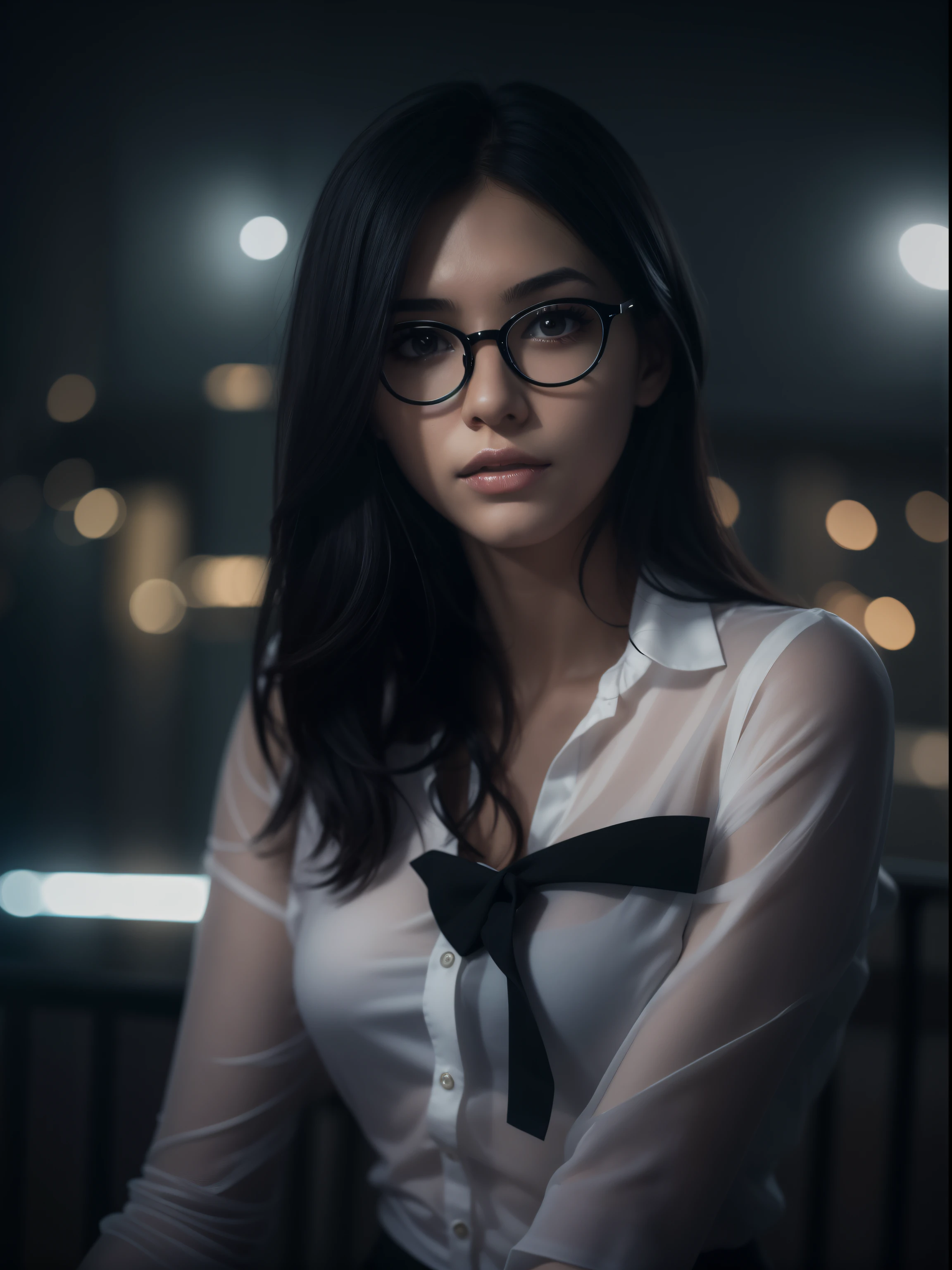 hdr,8k,photogragh,best quality,1girl,perfect face,glasses,black hair,perfect body,slim body,slim legs,long legs,white shirt,black dress,sexy,Black stockings,night,dark,cinematic lighting