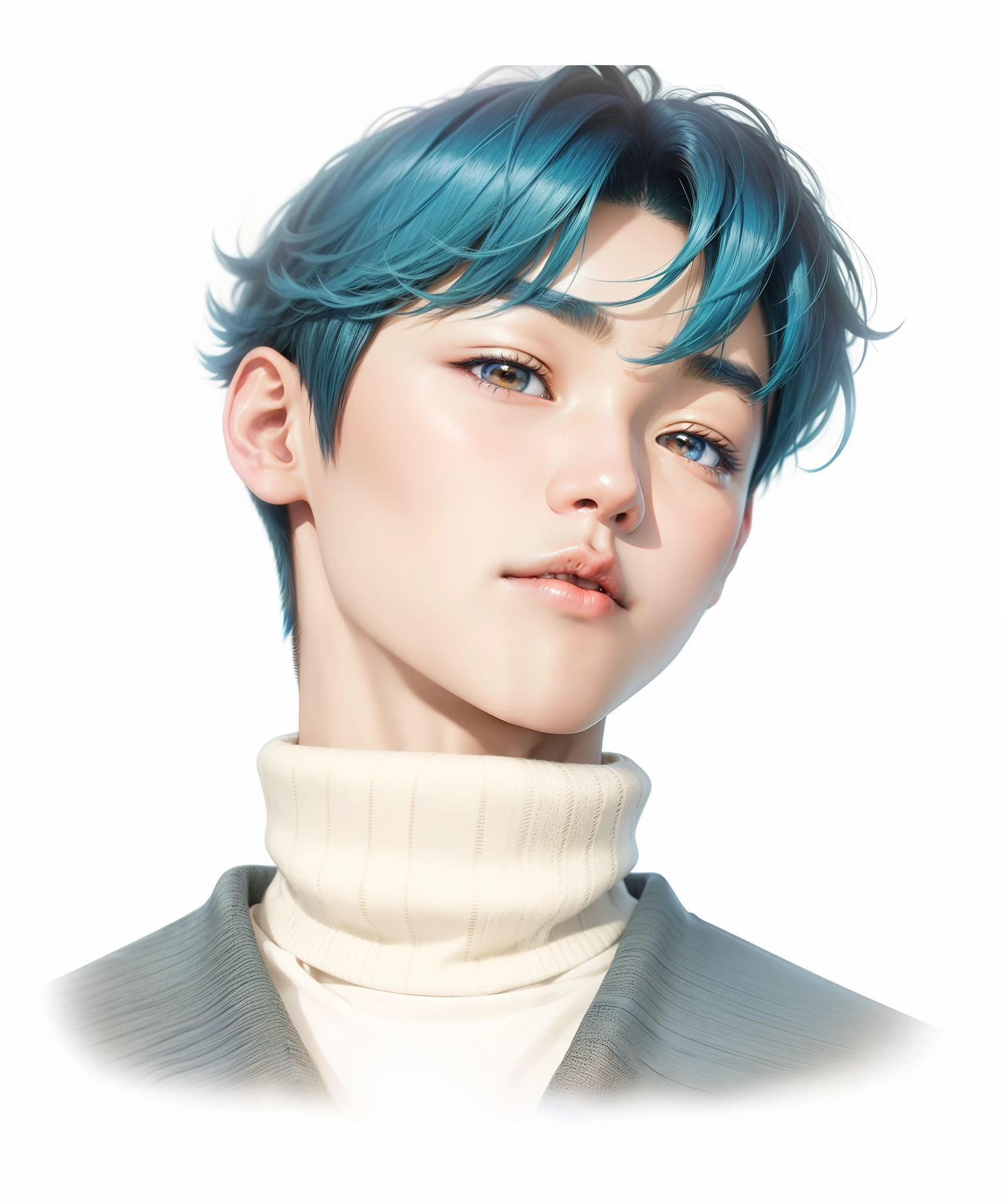 A Korean teenage boy with blue hair (asian boy), detailed and handsome face wearing a turtle neck sweater, golden brown eyes, close up, realistic photo.Staring sharply ahead,