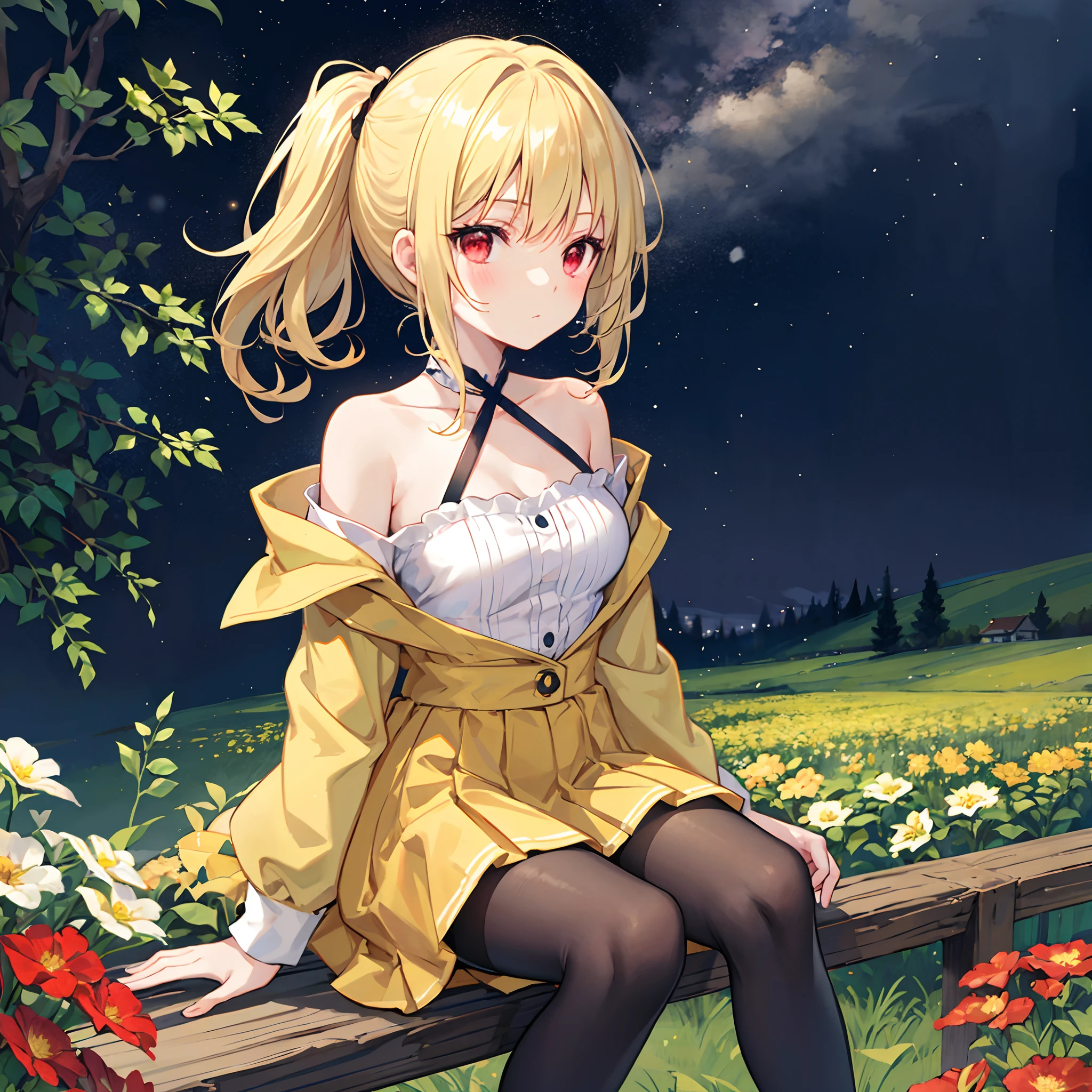 a blond、poneyTail、red eyes、Beautiful girl alone、Light yellow dress、off shoulders、a miniskirt、Black tights、sitting on、flower  field