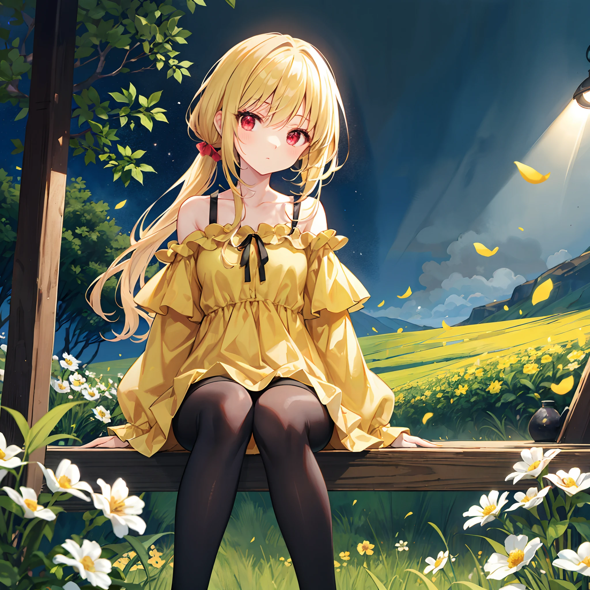 a blond、poneyTail、red eyes、Beautiful girl alone、Light yellow dress、off shoulders、a miniskirt、Black tights、sitting on、flower field