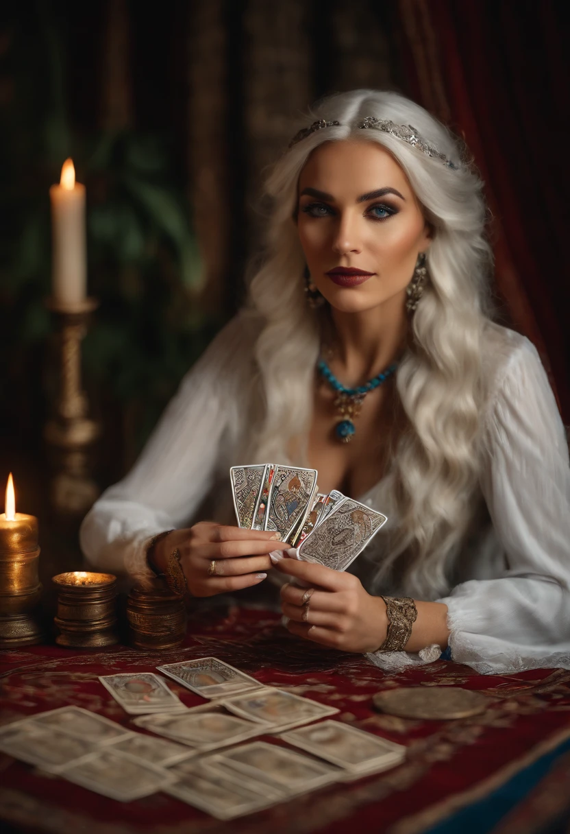 Create a captivating portrait of a gypsy fortune teller sitting at a mystical table adorned with tarot cards spread out in a captivating formation. The fortune teller, a 30-year-old female, should be the central focus of the image. She is seated close to the table, gazing intently at the tarot cards. Her white hair and striking blue eyes should be highlighted. Please use a Sony α7 III camera equipped with a 100mm lens for this shot to ensure a shallow depth of field (low aperture like f/2.8 or f/4) for a beautifully blurred background. The shutter speed should be set to a suitable value to capture the moment without any motion blur. The image should convey the mystery and intrigue of tarot readings.