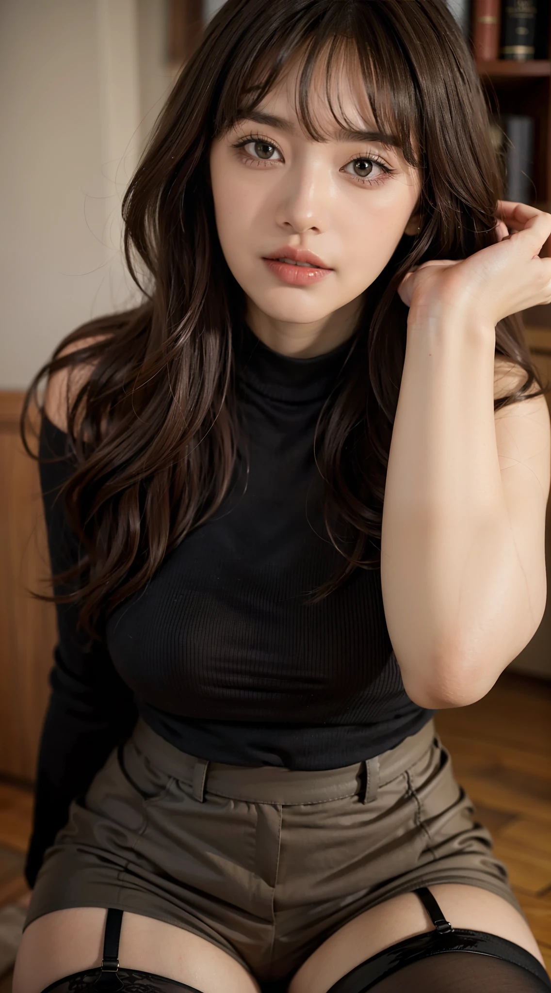 waved hair,By bangs,Wear stockings under your pants,mature,Heavy makeup