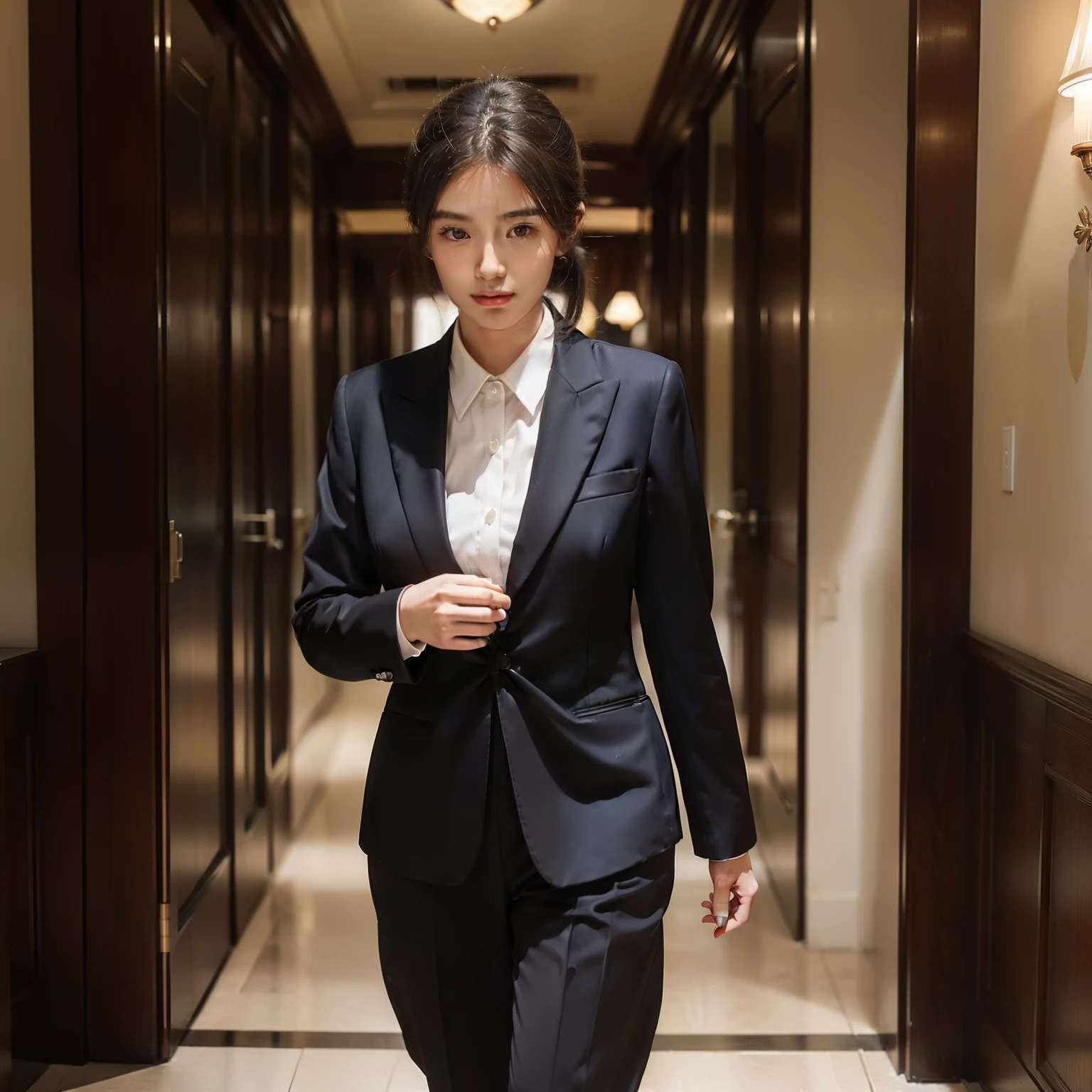 (Woman guiding:1.3)、(Wearing a formal suit:1.5)、masterpiece、Beautiful、poneyTail、