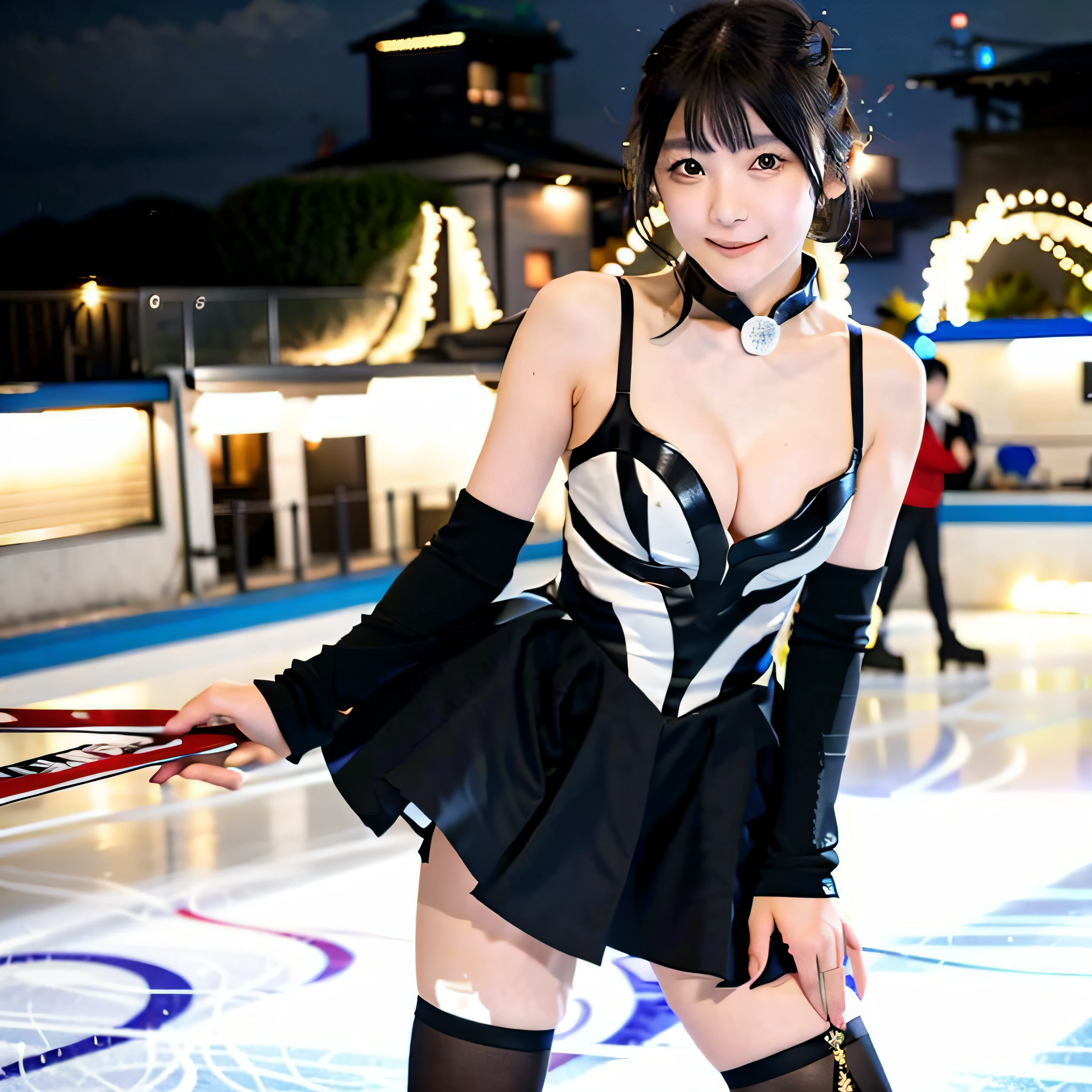 top-quality、8k picture、Arafe in a black dress skating on an ice rink, inspired by Zhou Wenjing, inspired by Zhang Shuqi, Kazue Kato, Chiho Ashima, mei-ling zhou, akiko takase, inspired by Ma Yuanyu, Yuka Kazami, wenfei ye, Sui Ishida, macoto takahashi, Marin Kitagawa