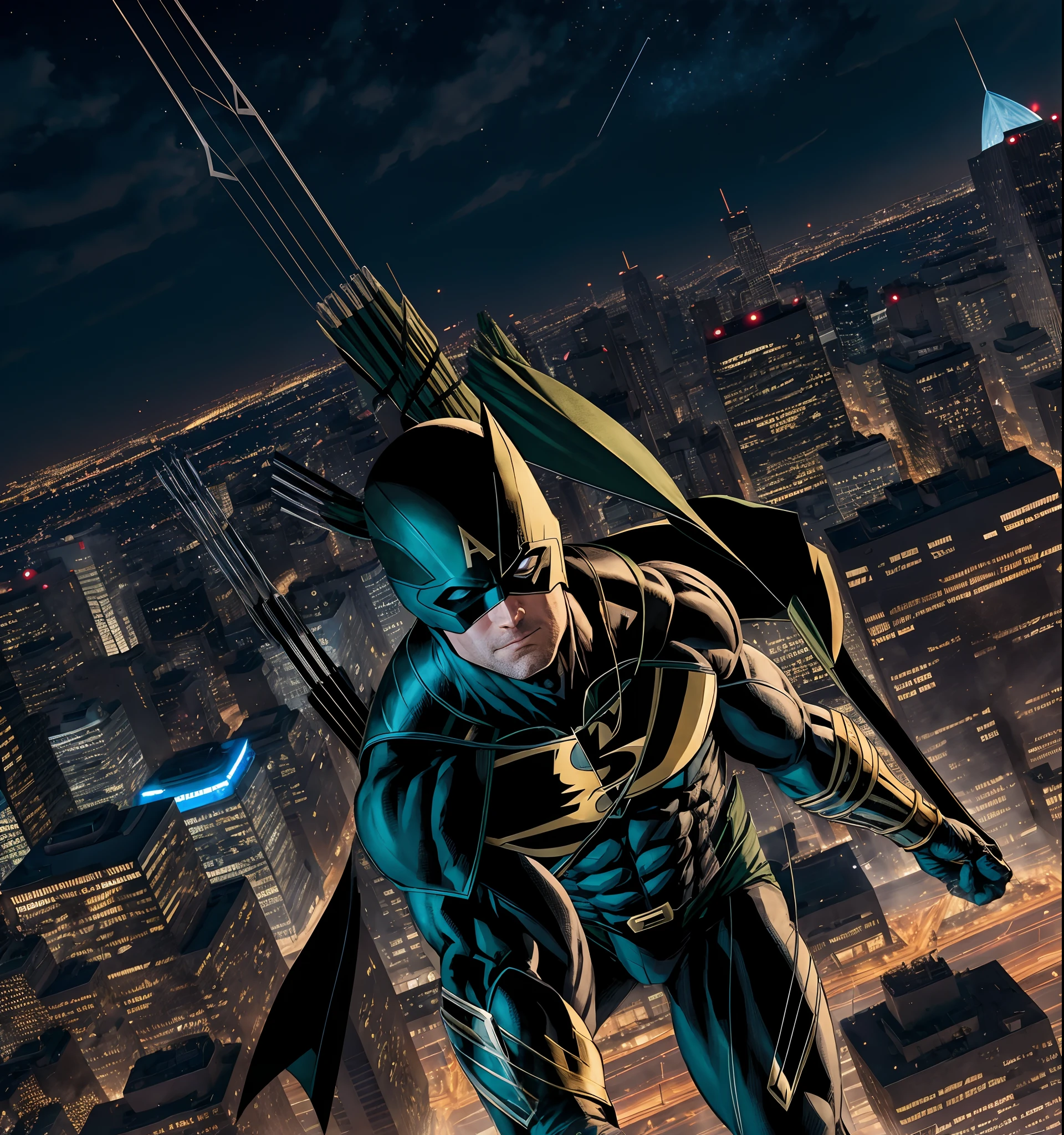 Arrow (DC comics superhero) fighting Hawkeye (Marvel coMics superhero)), on roof top of a skyscraper, a city of skyscraper in background [[depth of field]] [[hyperdetailed city background]], night time, lights in the city, [[hyperdetailed body outlines]] [[hyperdetailed costumes]], loaded bows in hand, quivers, hyperdetailed movie matching costume and faces, electric winds, night sky