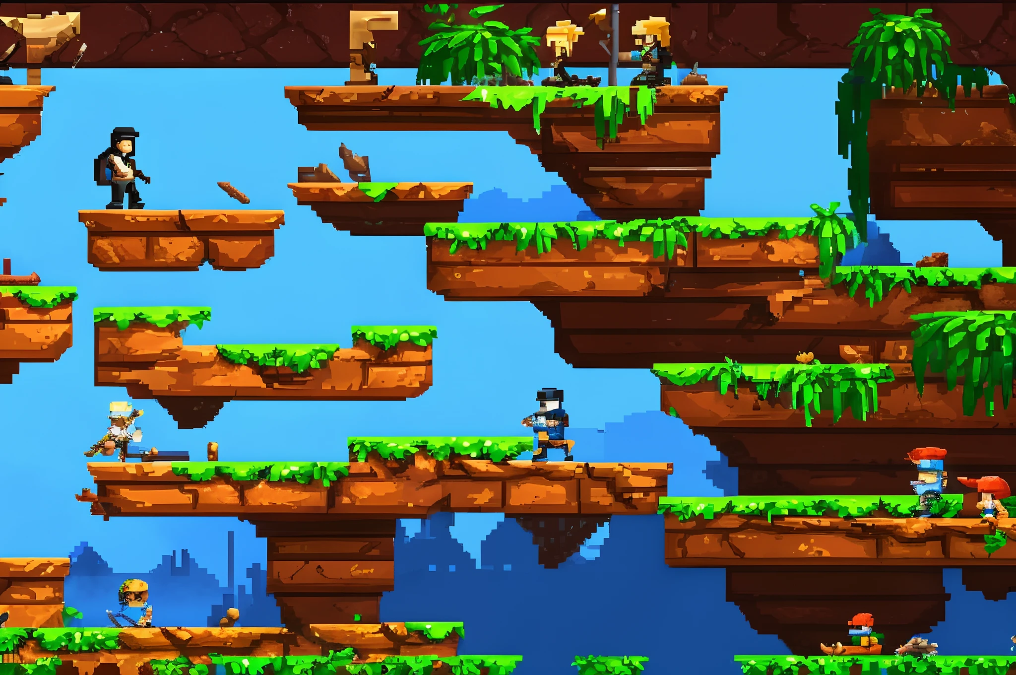 a pixel pixel game with a man standing on a cliff, plataform 2 d game, side - scrolling 2 d platformer, 2 d platformer, plataform game, tileset, 2d side scrolling game, platform game, side scroller game, videogame background, platformer, 2 d game assets, 2 d game, screenshot from the game